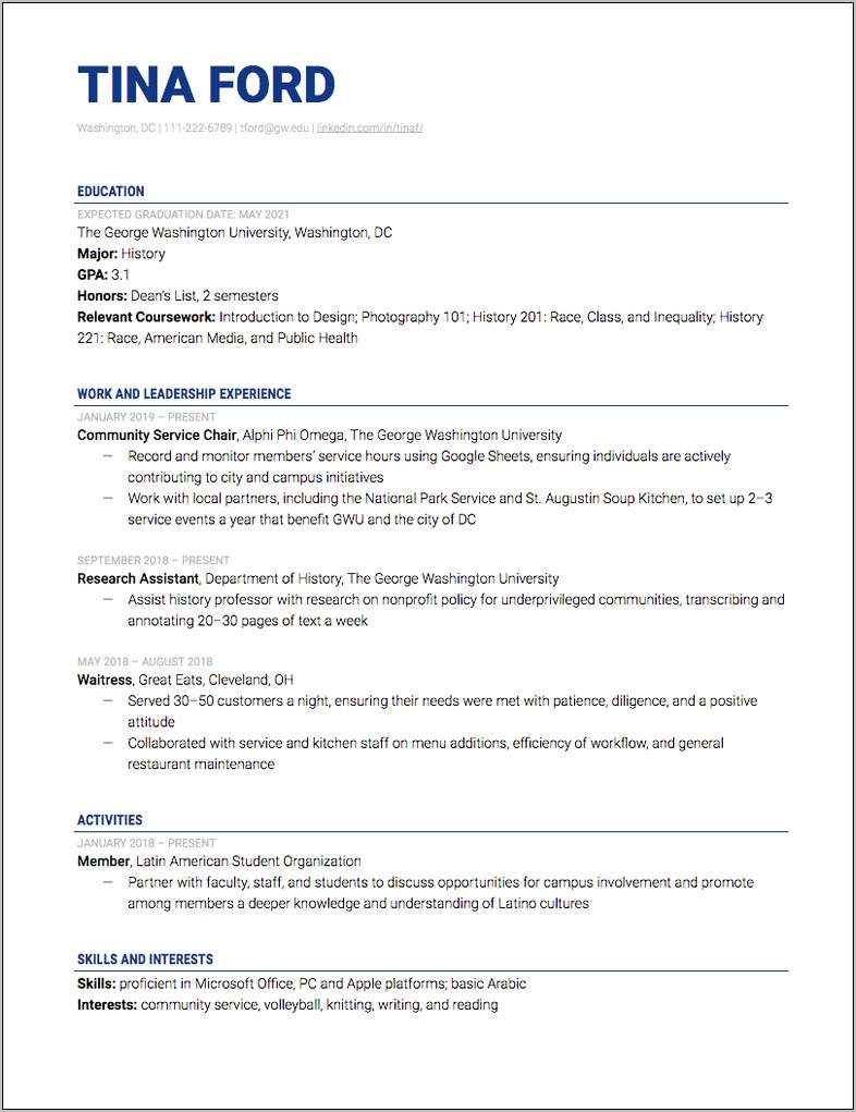 Resume For Internship Showing Cours Work