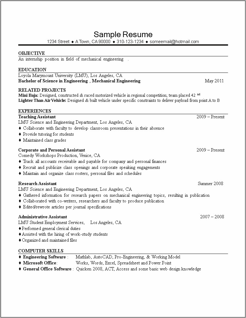 Resume For Internship Template Microsoft Word
