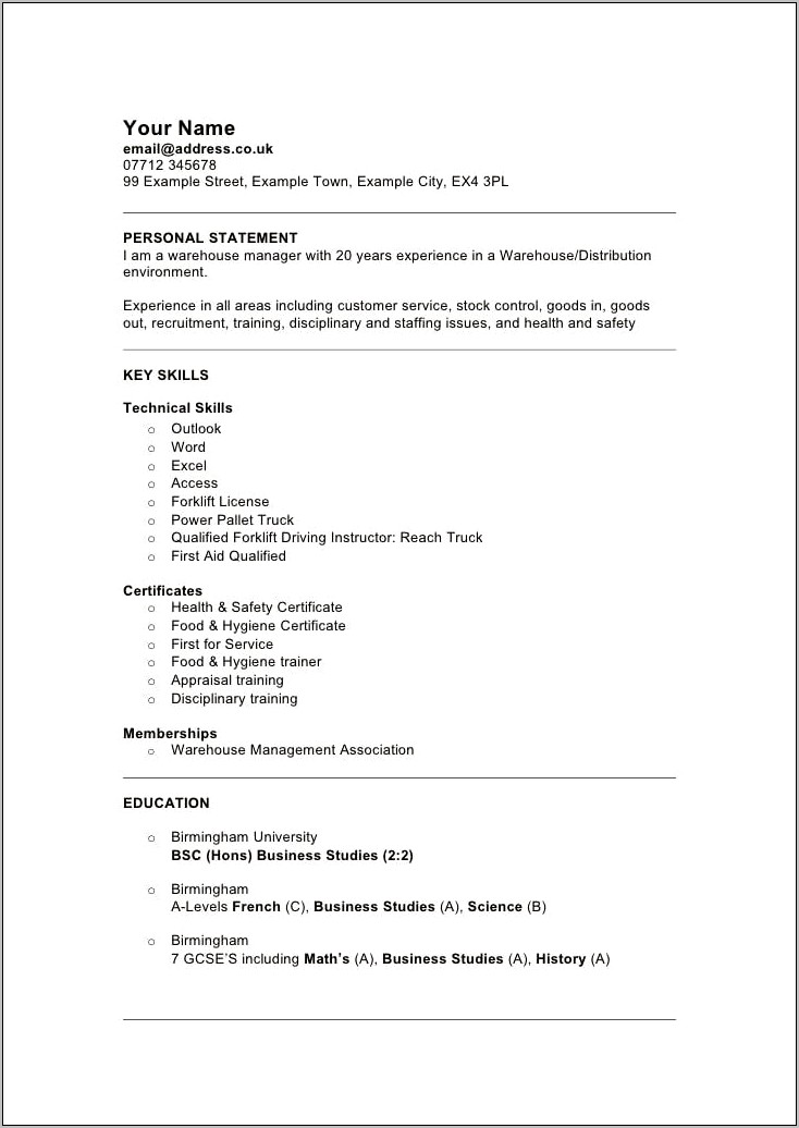 Resume For Job At A Wharehouse