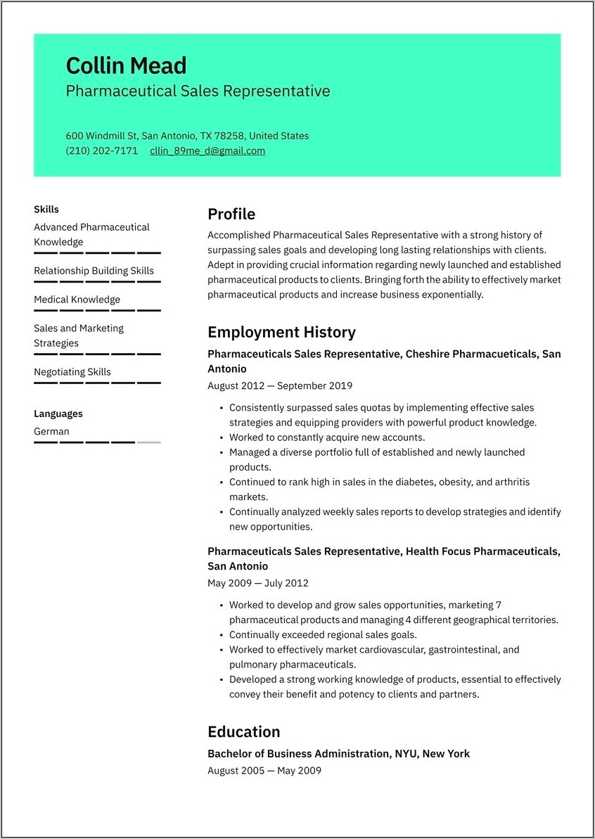 Resume For Job Of Medical Representative