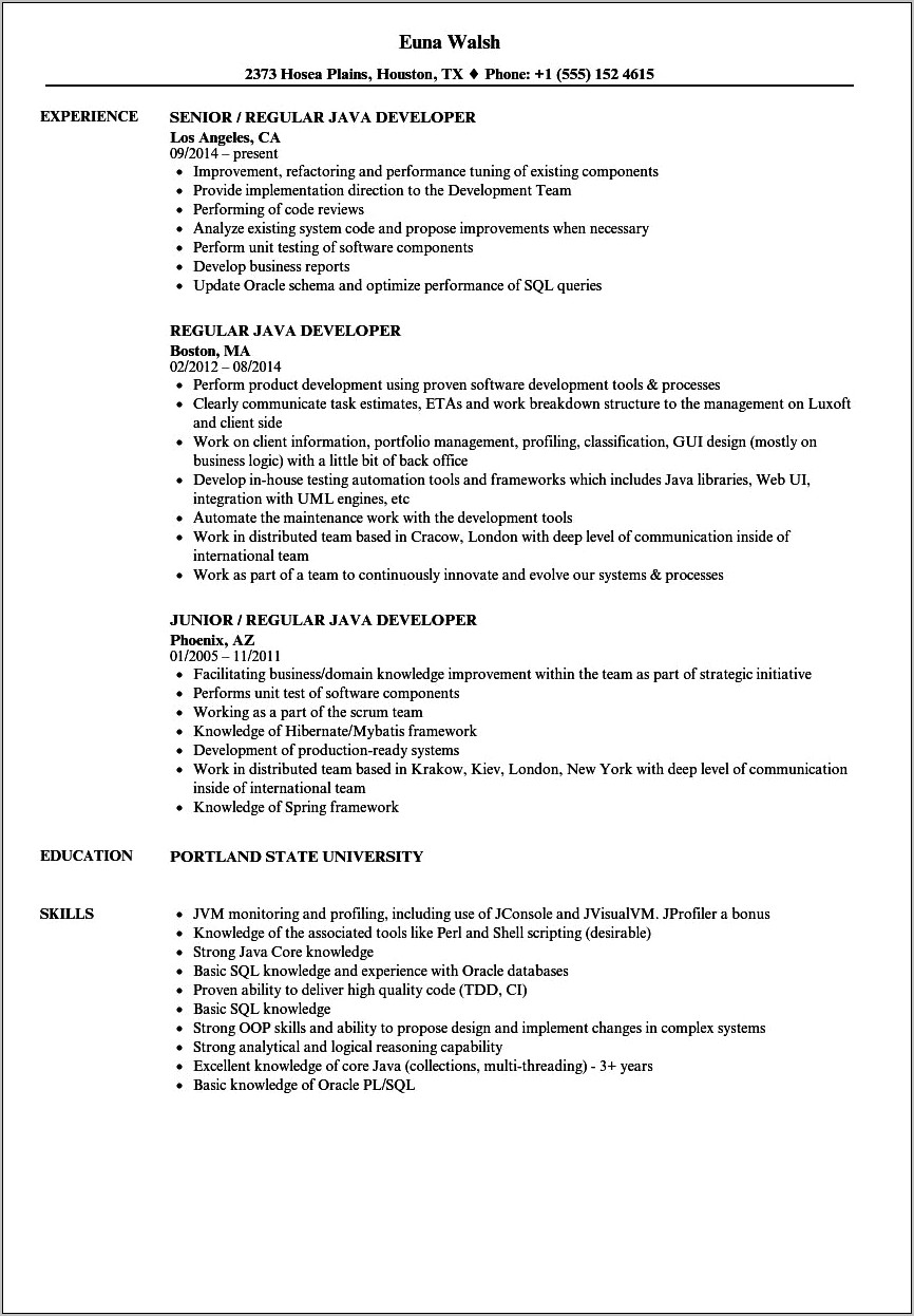 Resume For Job On Java Base