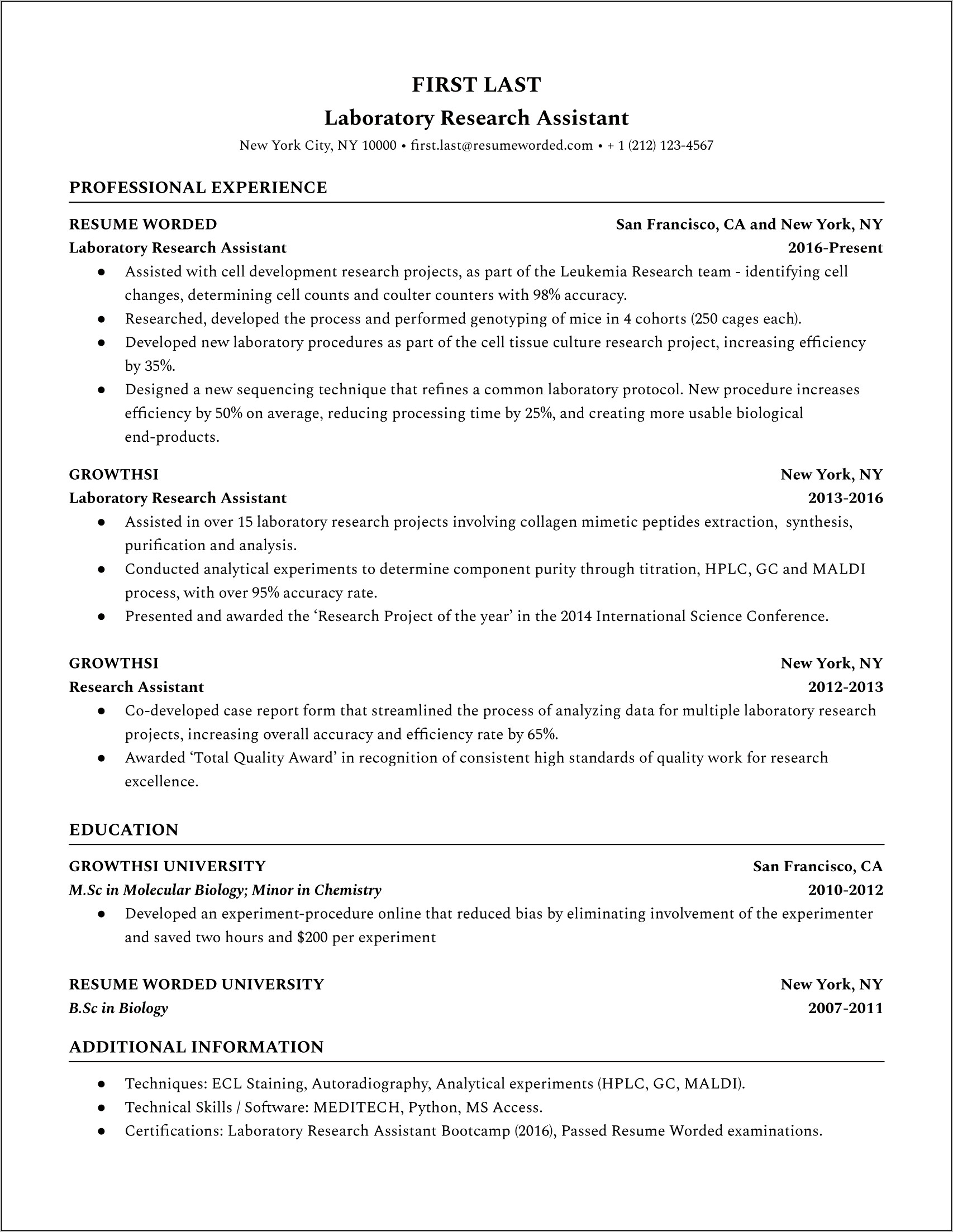 Resume For Lab Assistant No Experience