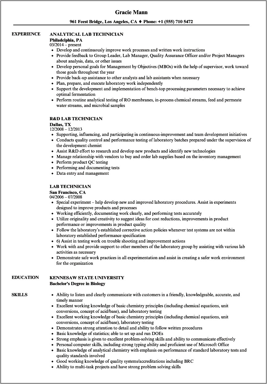 Resume For Lab Technician With Experience