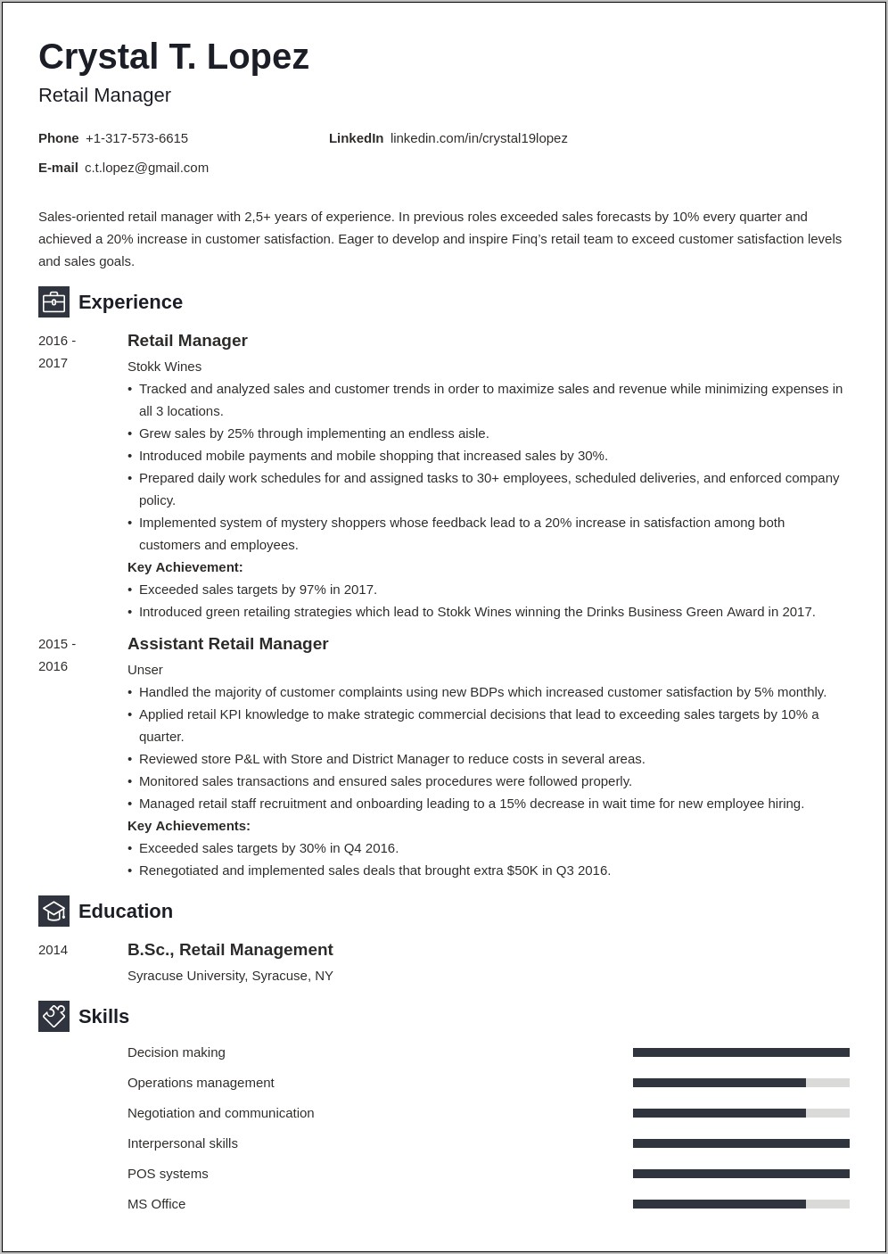 Resume For Manager Of Retail Store