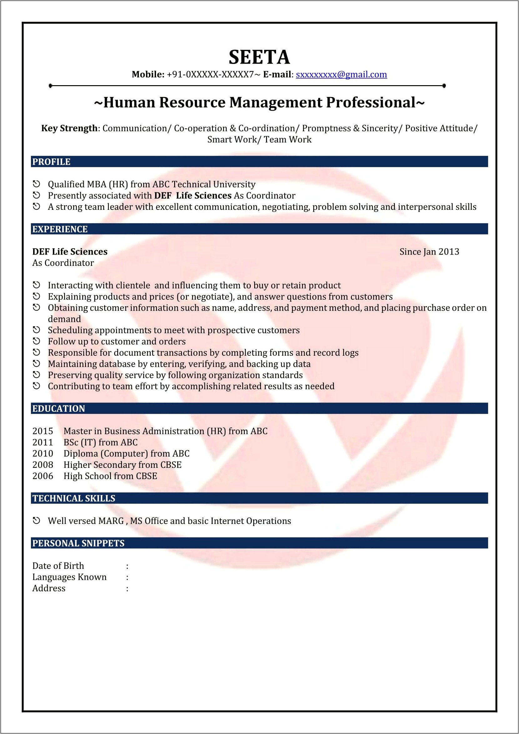 Resume For Mba Fresher In Word Format