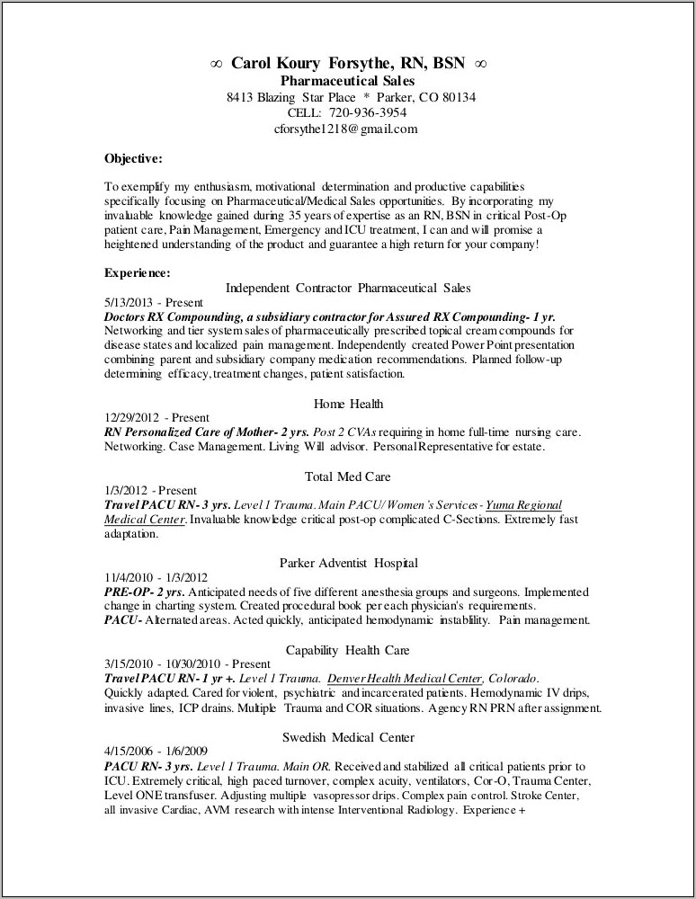 Resume For Medical Sales With Nursing Experience
