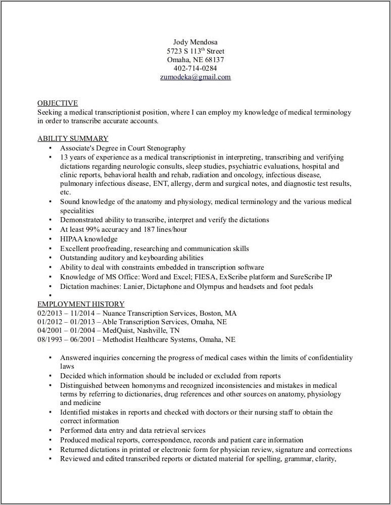 Resume For Medical Transcriptionist With Experience