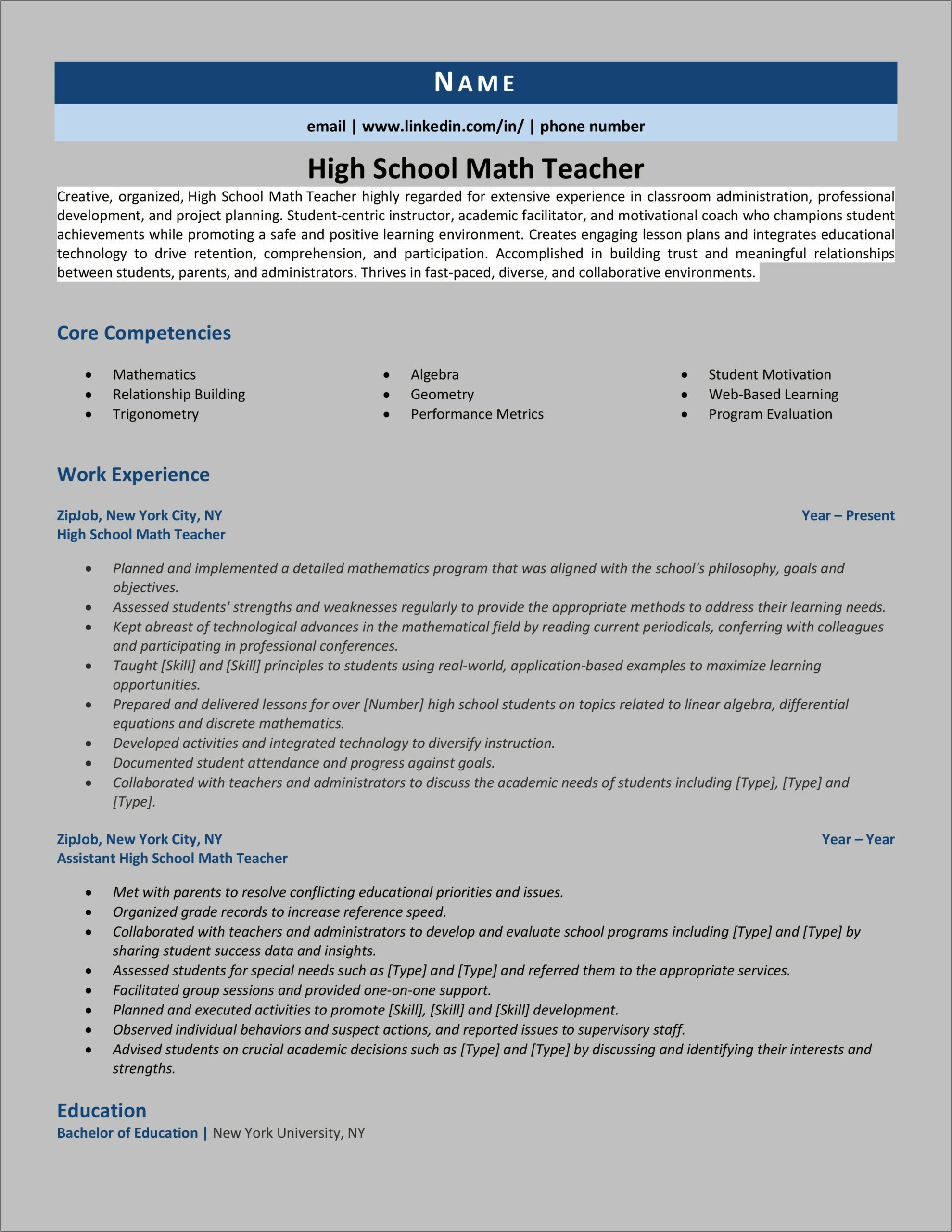 Resume For Middle School Math Teacher
