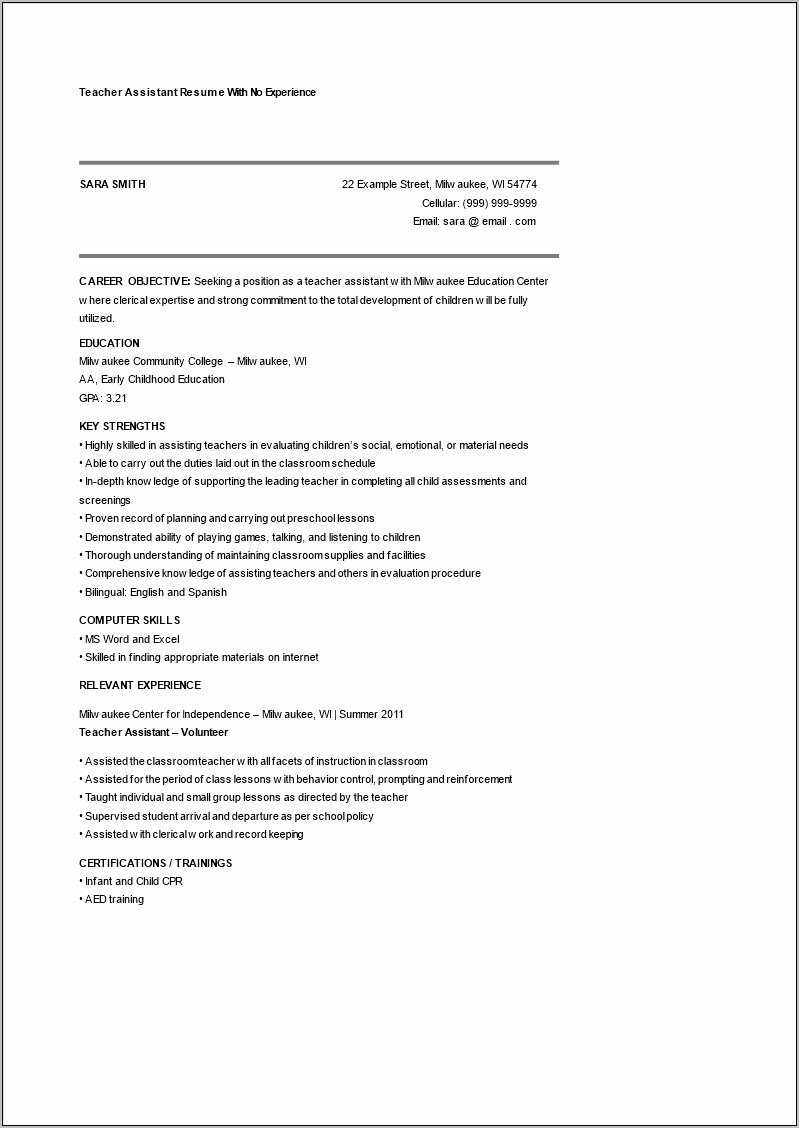 Resume For New Teacher Assistant With No Experience