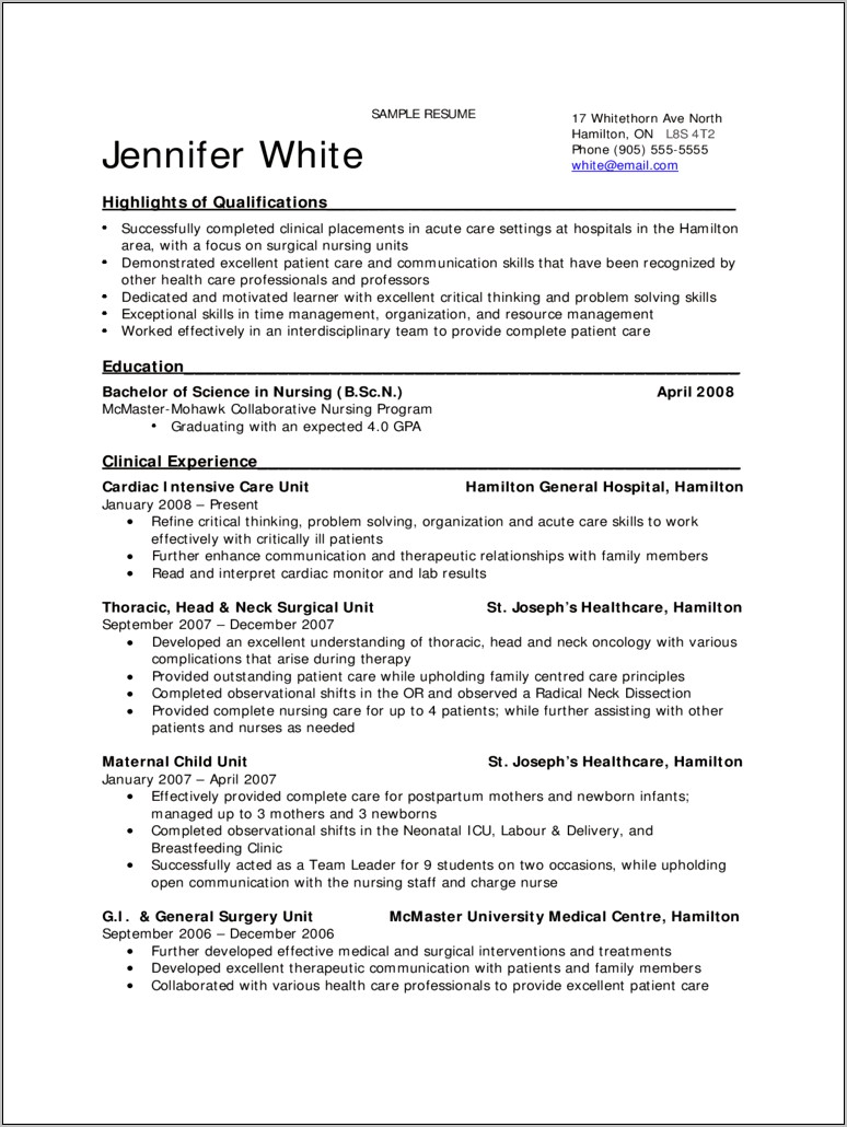 Resume For Nursing Grad School Sample