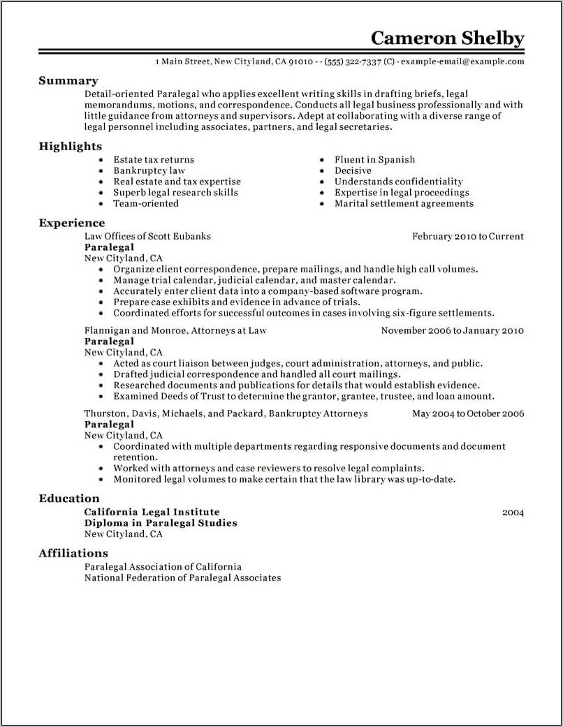 Resume For Paralegal Working In General Business Matters