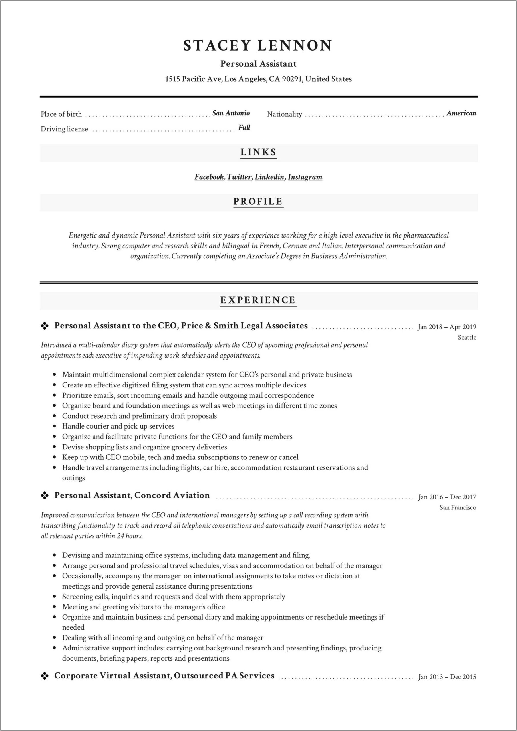 Resume For Personal Assistant With No Experience