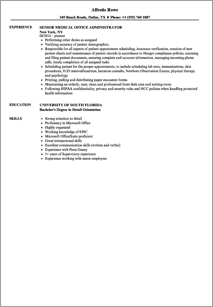 Resume For Physical Therapy Office Manager