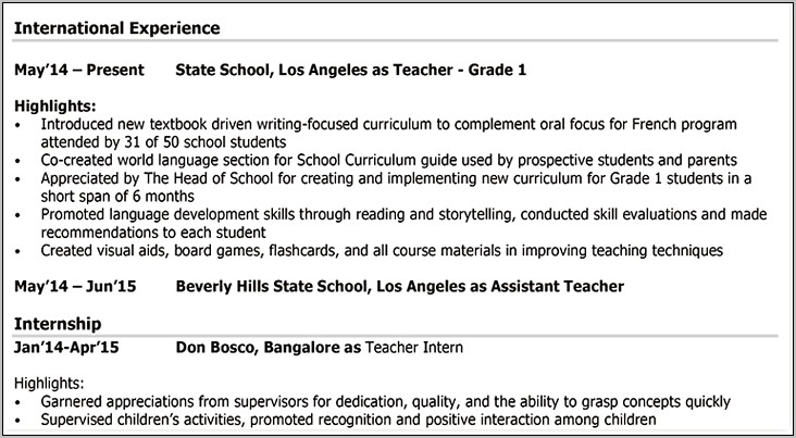 Resume For Play School Teacher Fresher India