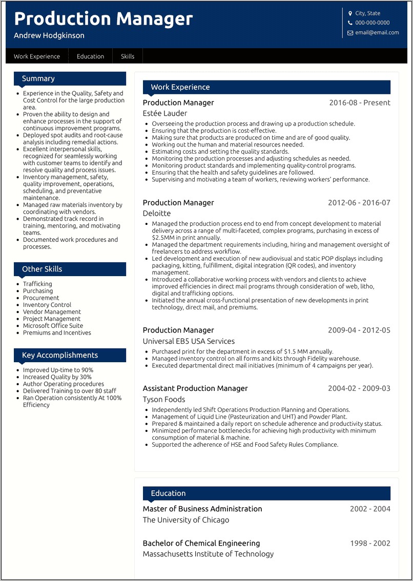 Resume For Production Manager Free Download