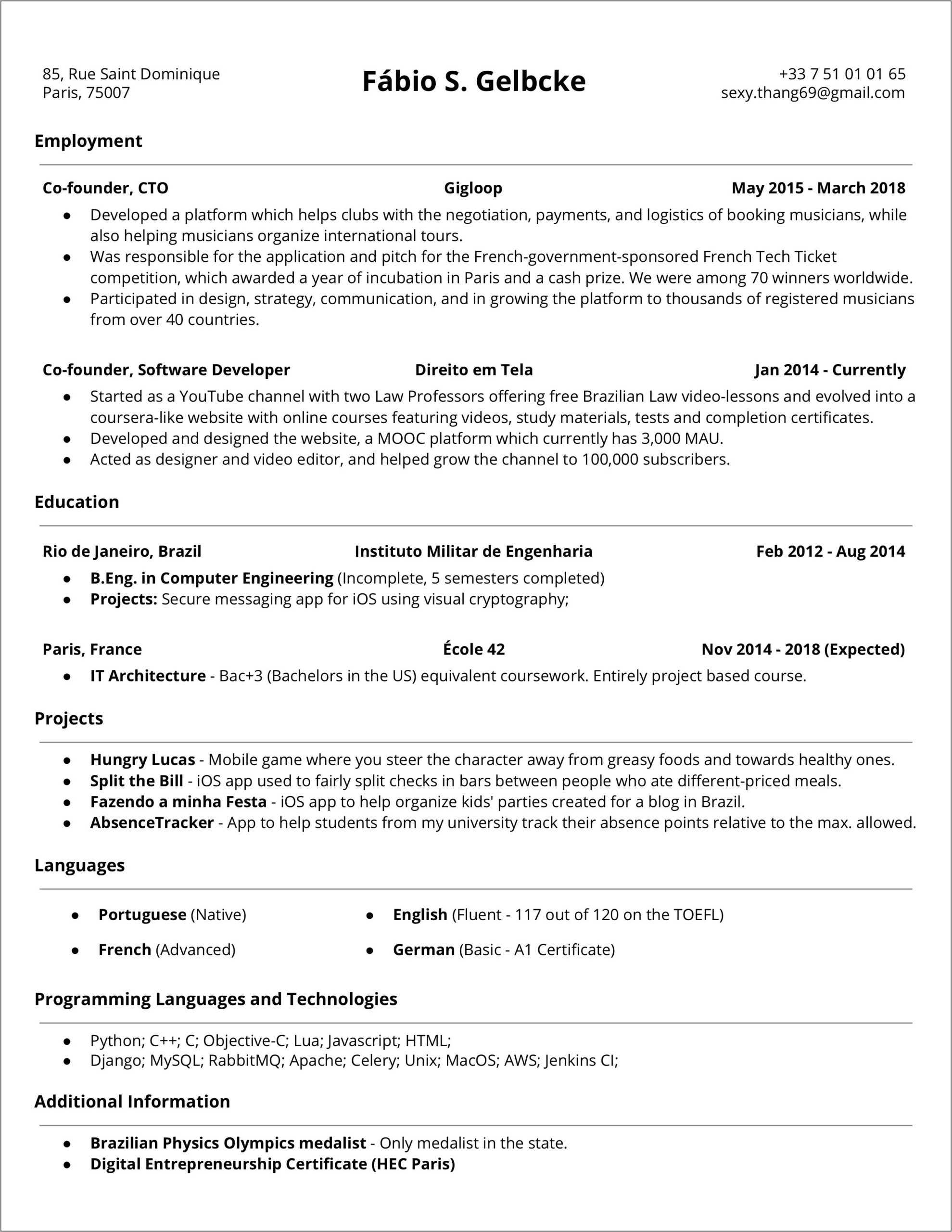 Resume For Programmer With No Experience