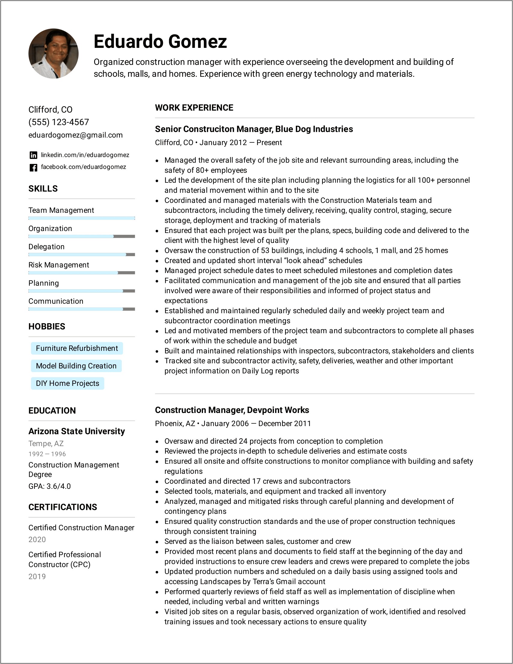 Resume For Project Manager In Construction