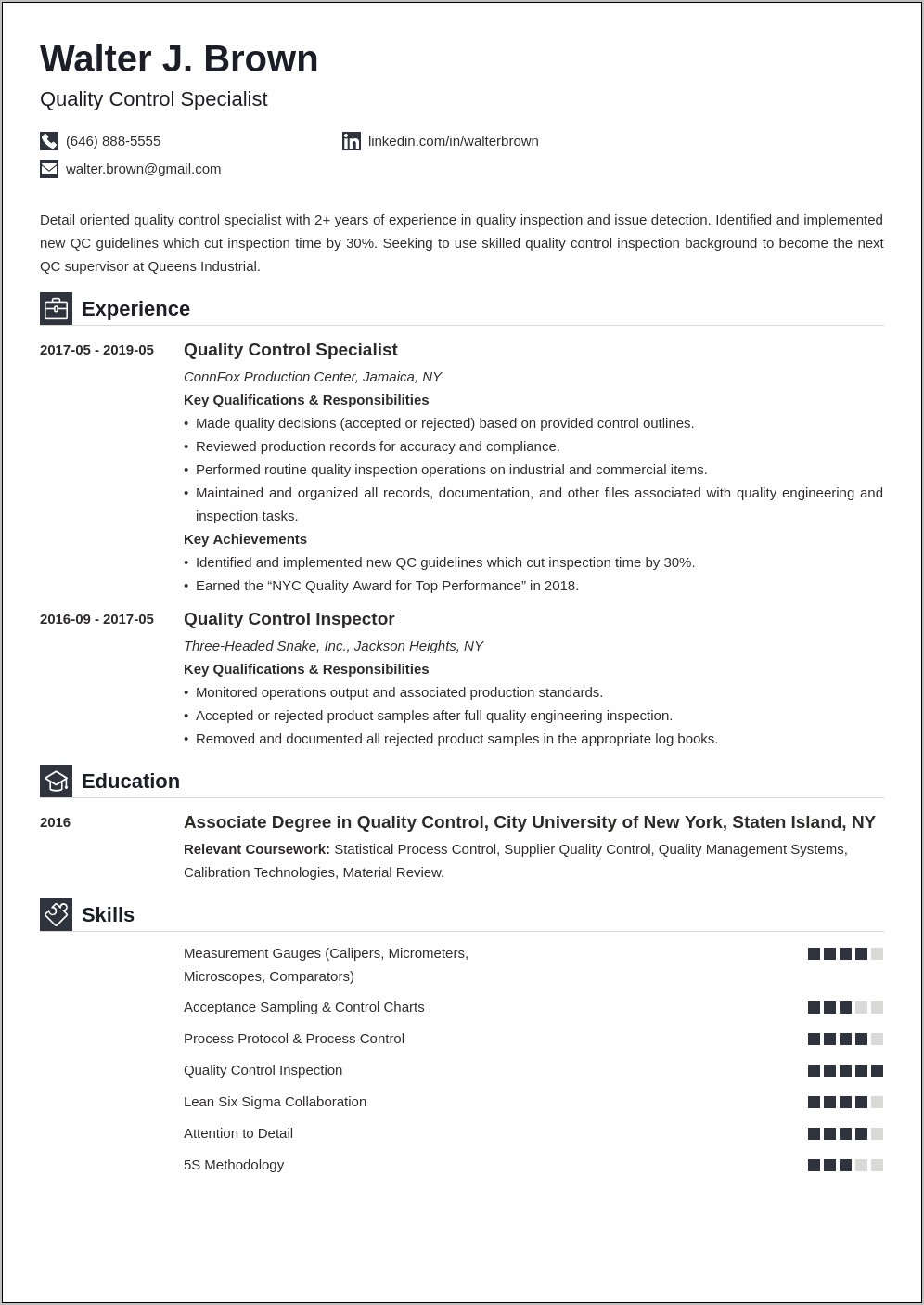 Resume For Quality Control Production Management