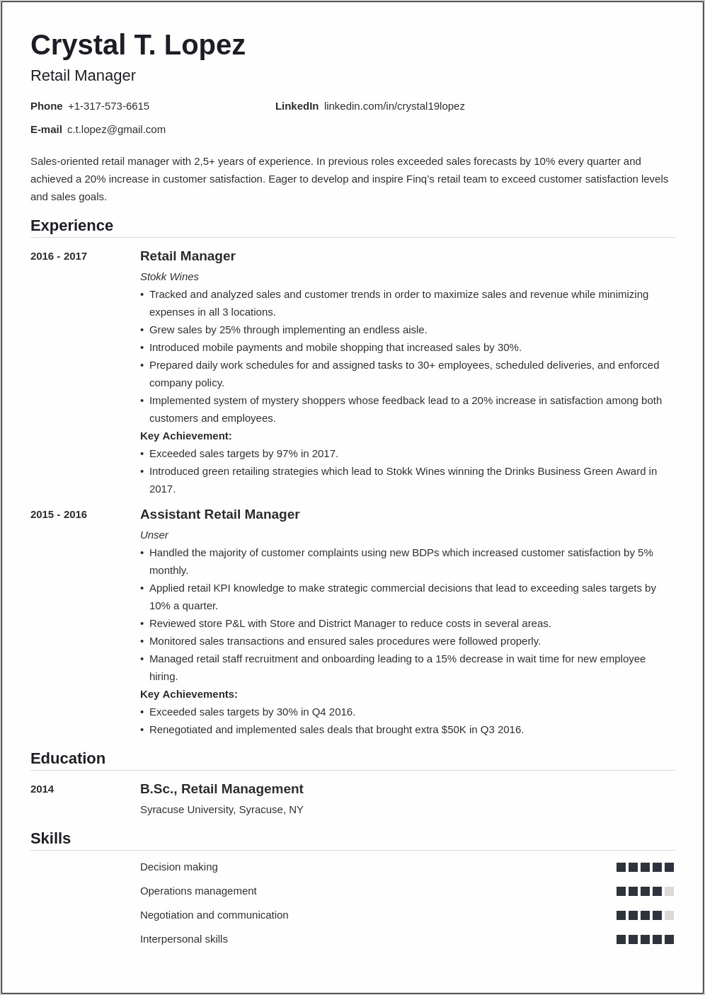 Resume For Rent Center Store Manager