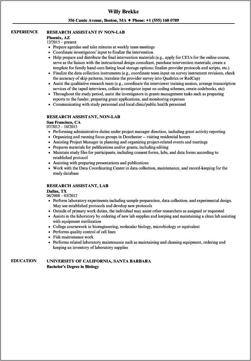 Resume For Research Technician No Experience
