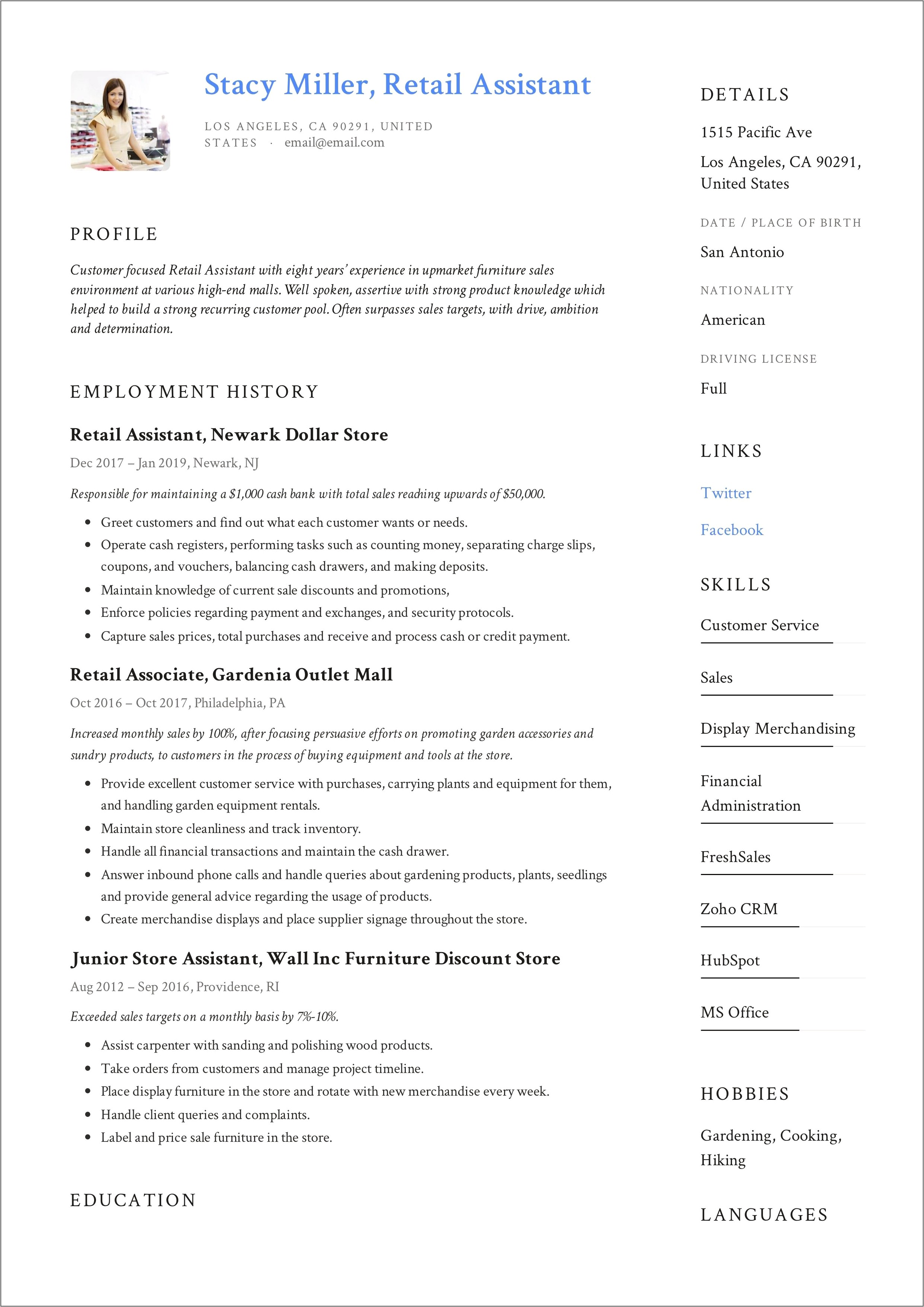 Resume For Retail Job With Experience