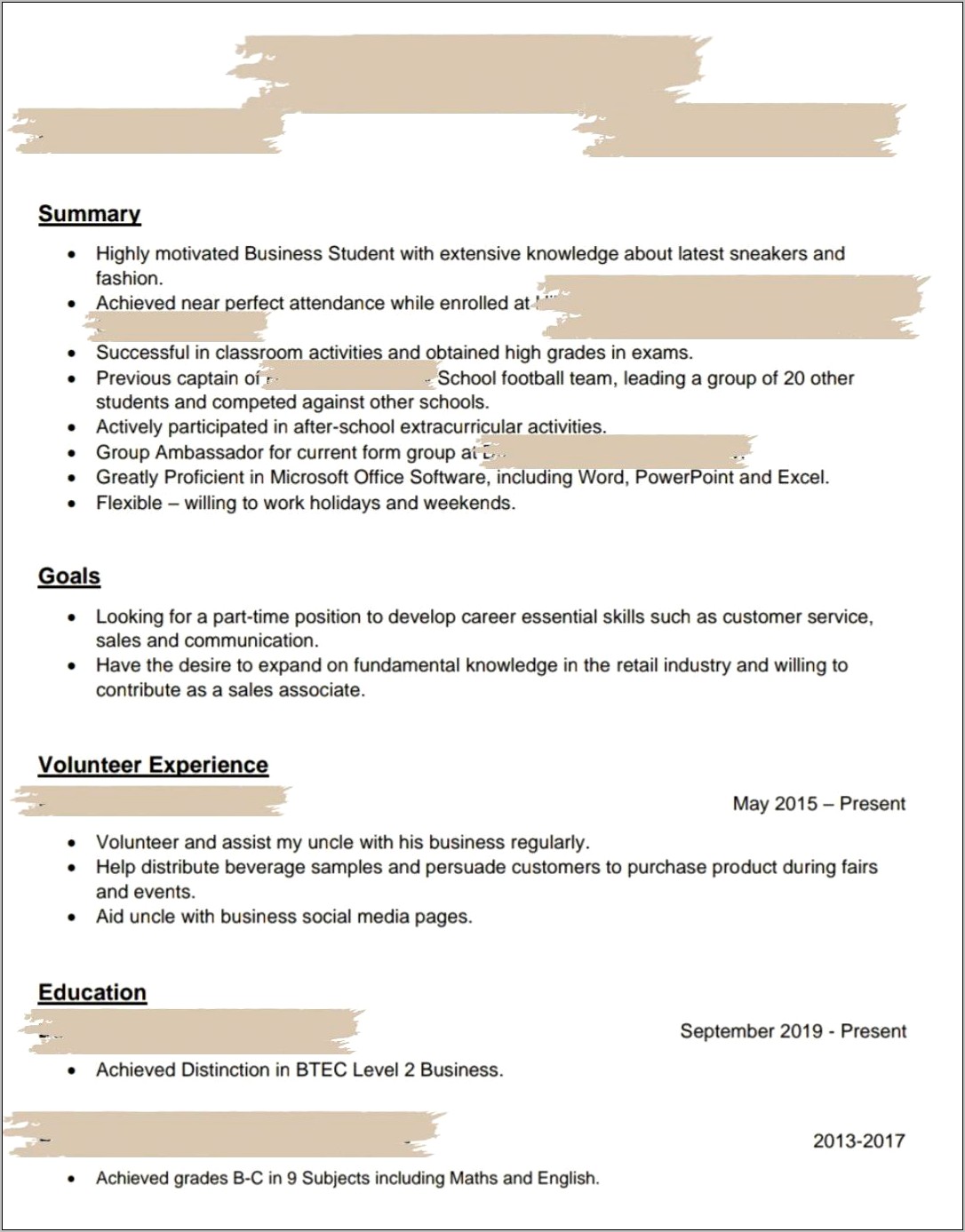 Resume For Retail Position No Experience