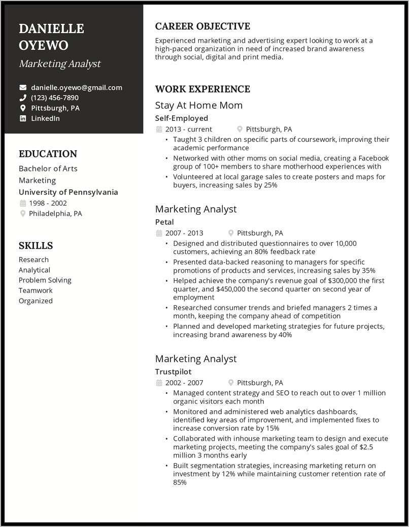 Resume For Returning To Work Mom Examples