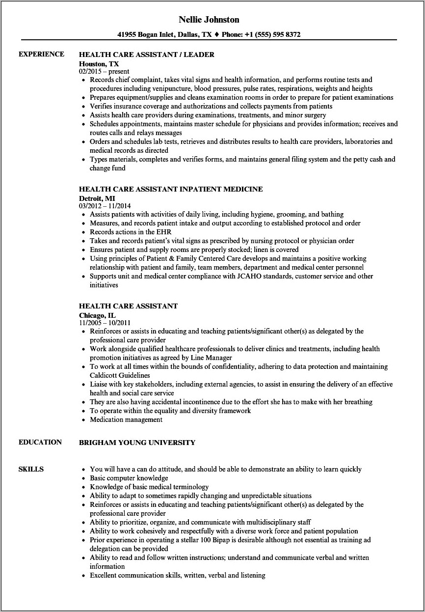 Resume For School Health Care Aide