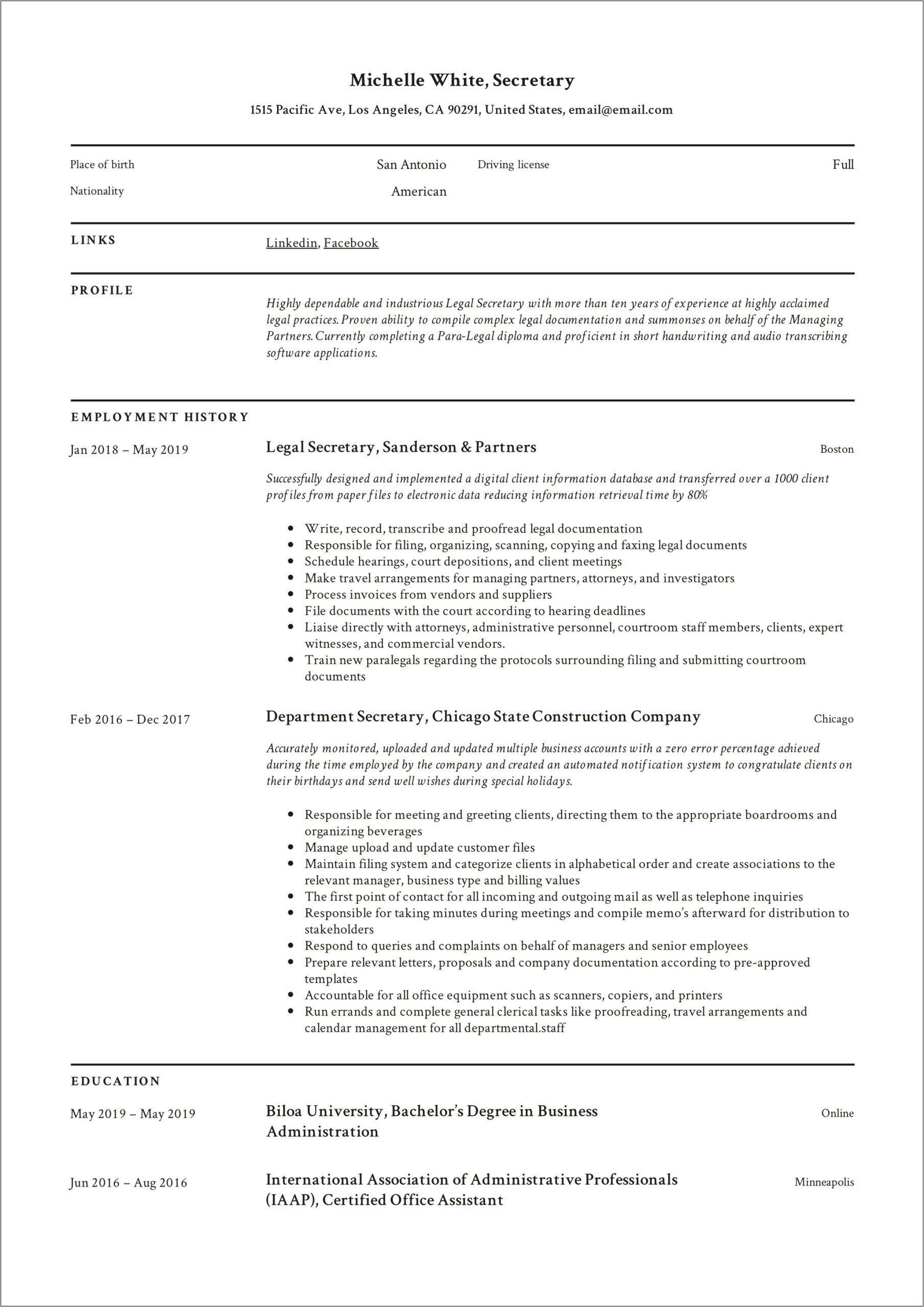 Resume For Secretary With Minimal Experience