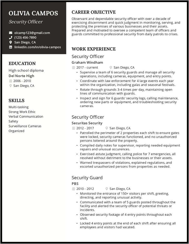 Resume For Security Guard Job With No Experience