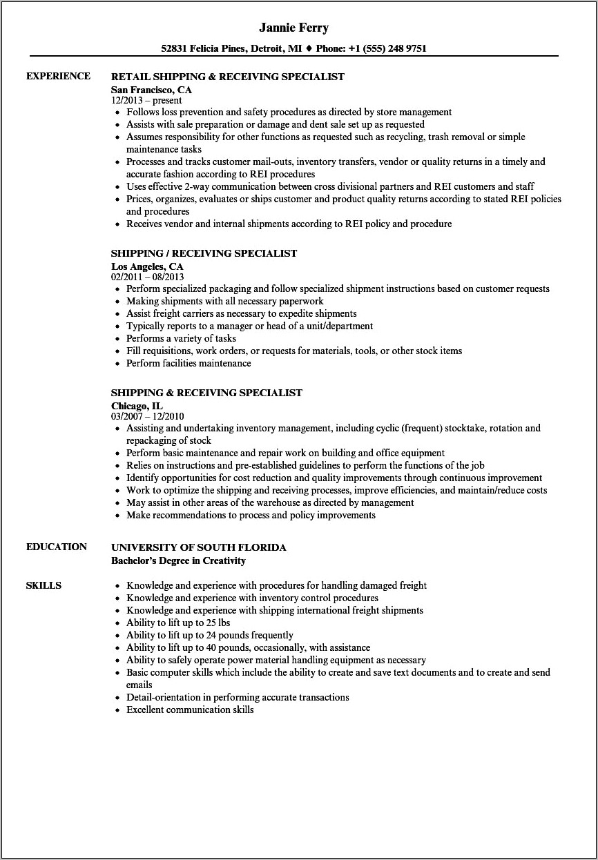 Resume For Shipping And Receiving Worker
