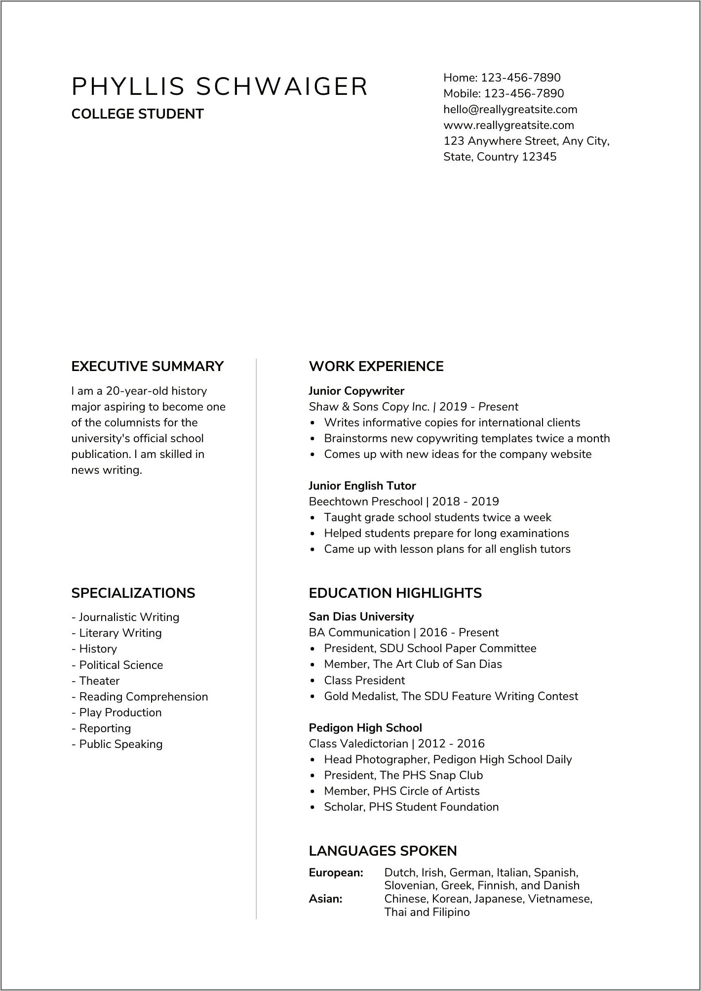 Resume For Someone Fresh Out Of School