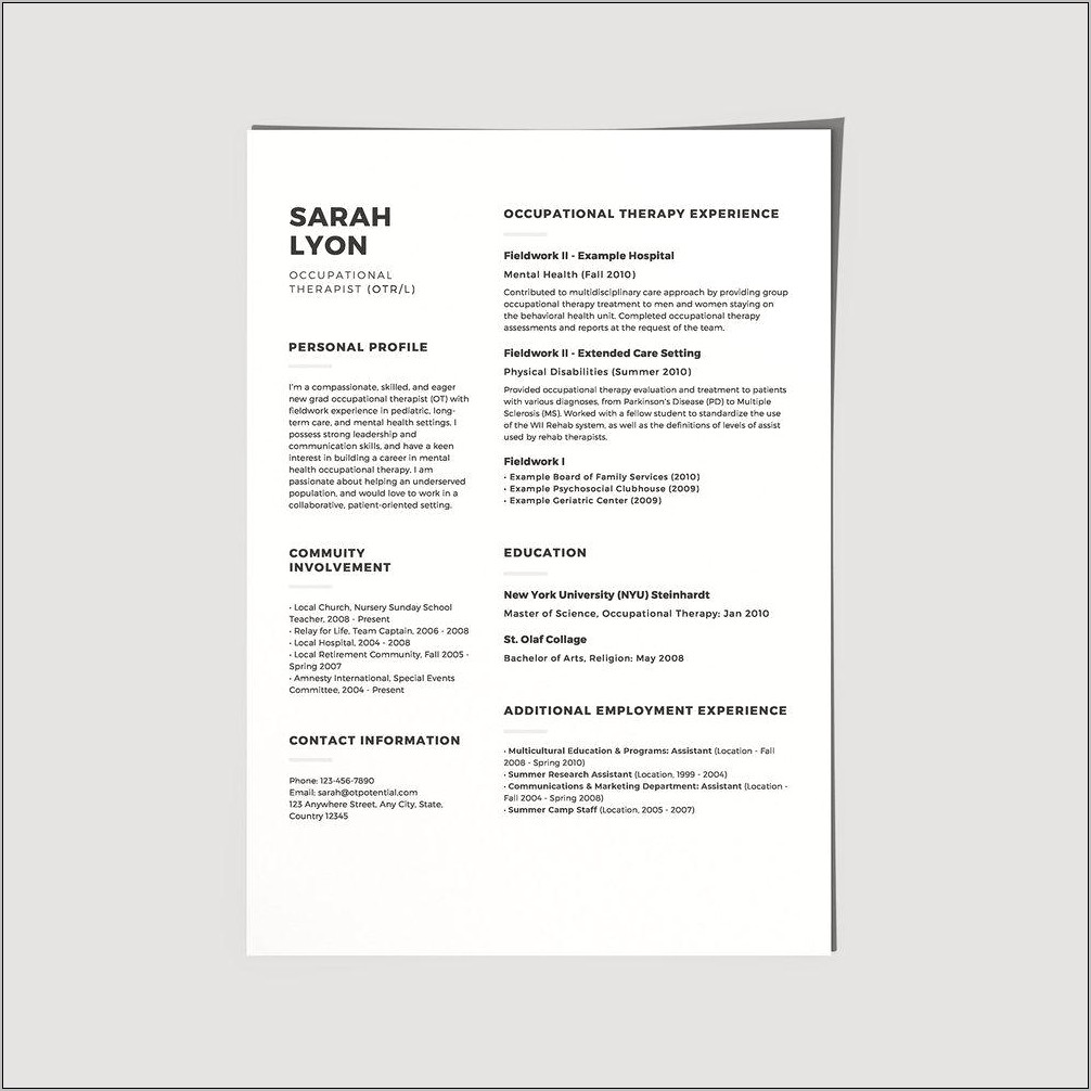 Resume For Still Inoccupational Therapy School