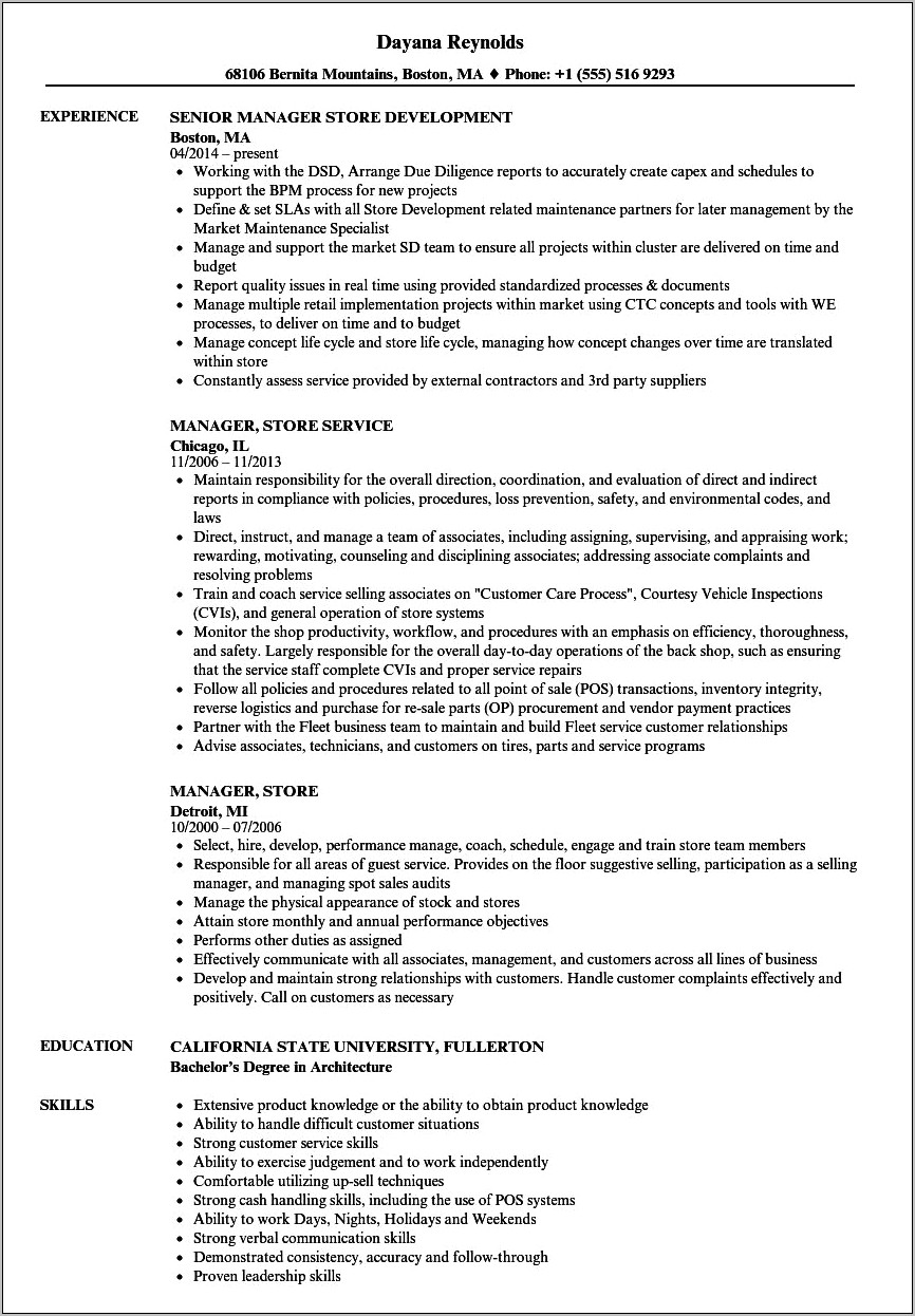 Resume For Store Manager Position