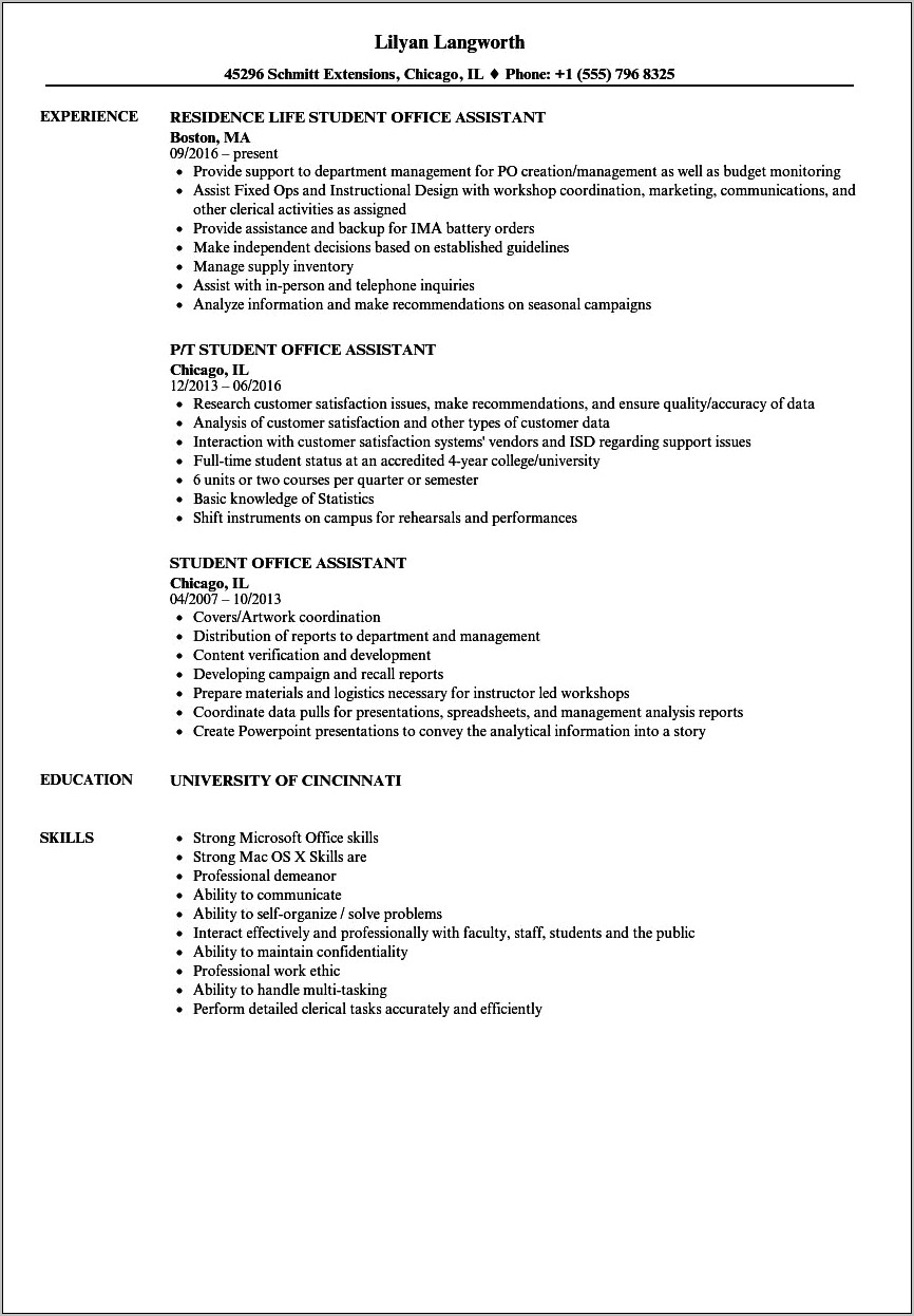 Resume For Student Assistant No Experience