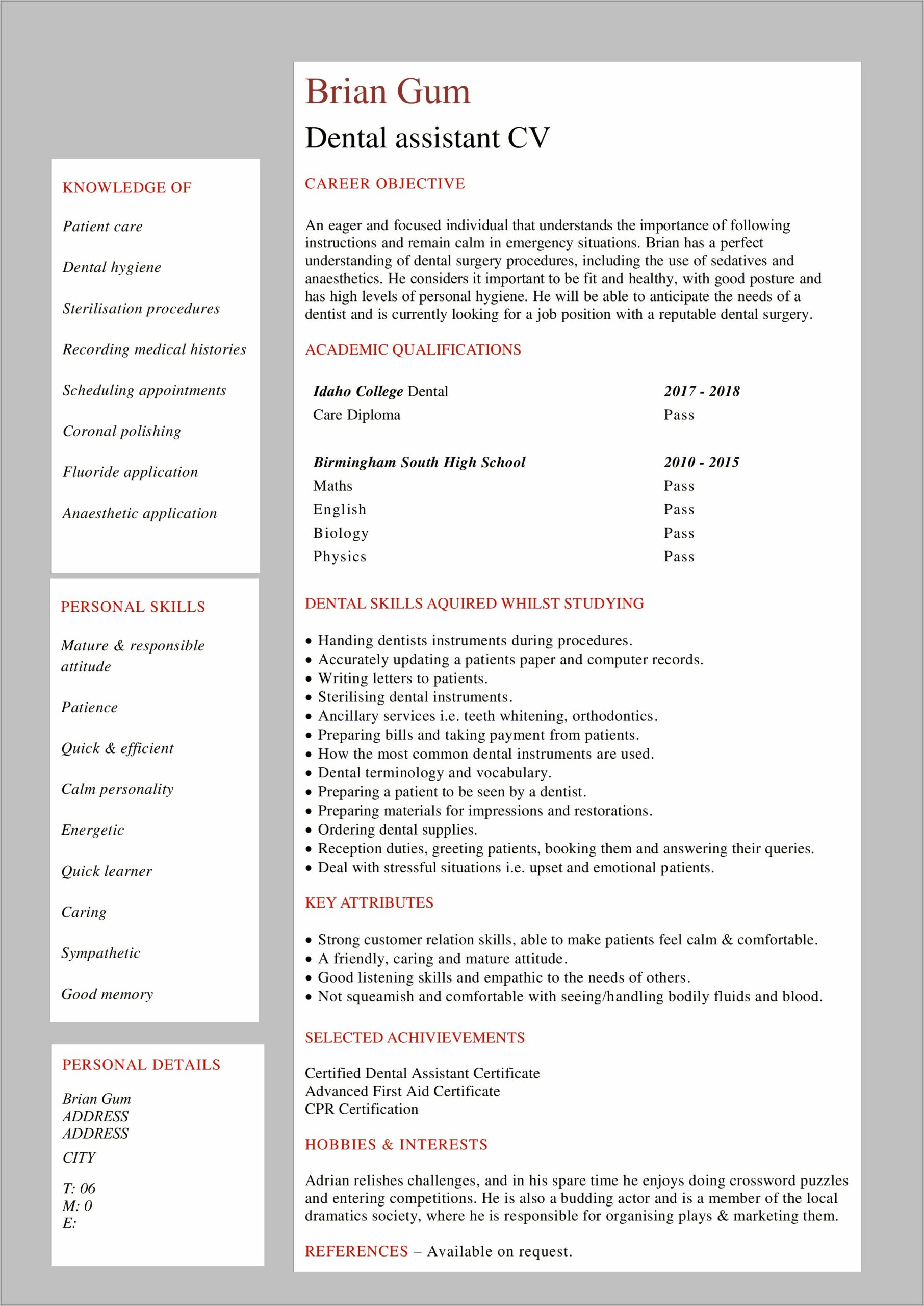 Resume For Student Just Graduating From Dental School