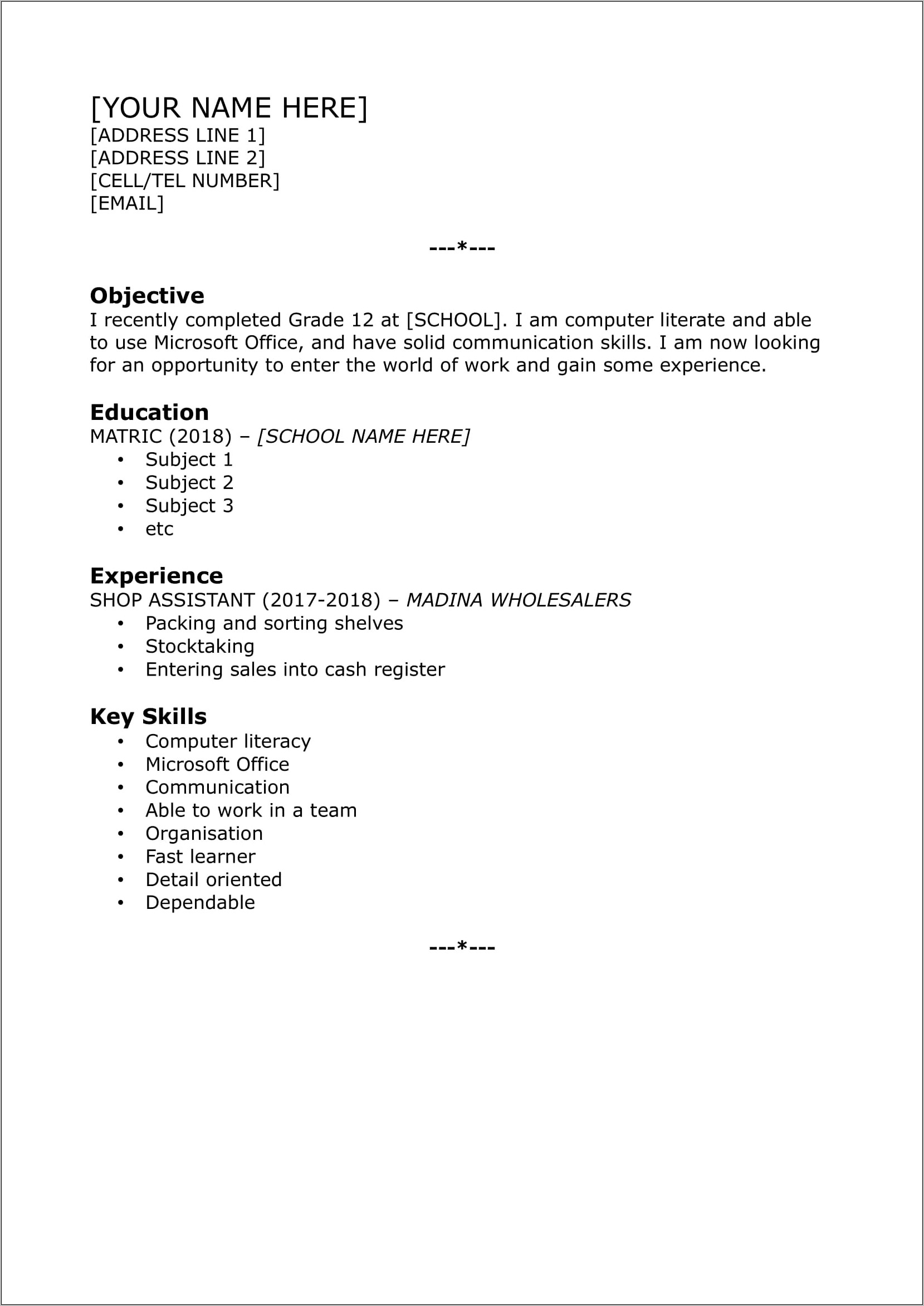 Resume For Student With No Work Experience Samples