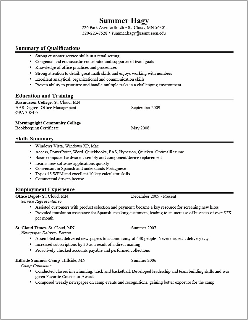 Resume For Summer Job College Student Pdf