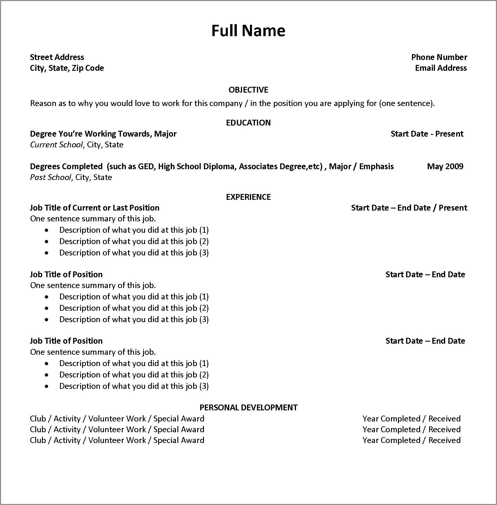 Resume For Summer Job College Student Word Template