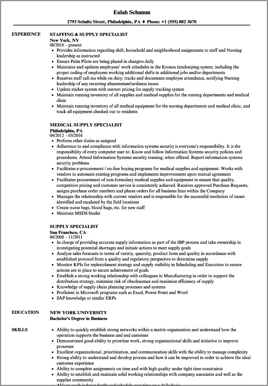 Resume For Supply Clerk Job Description Army