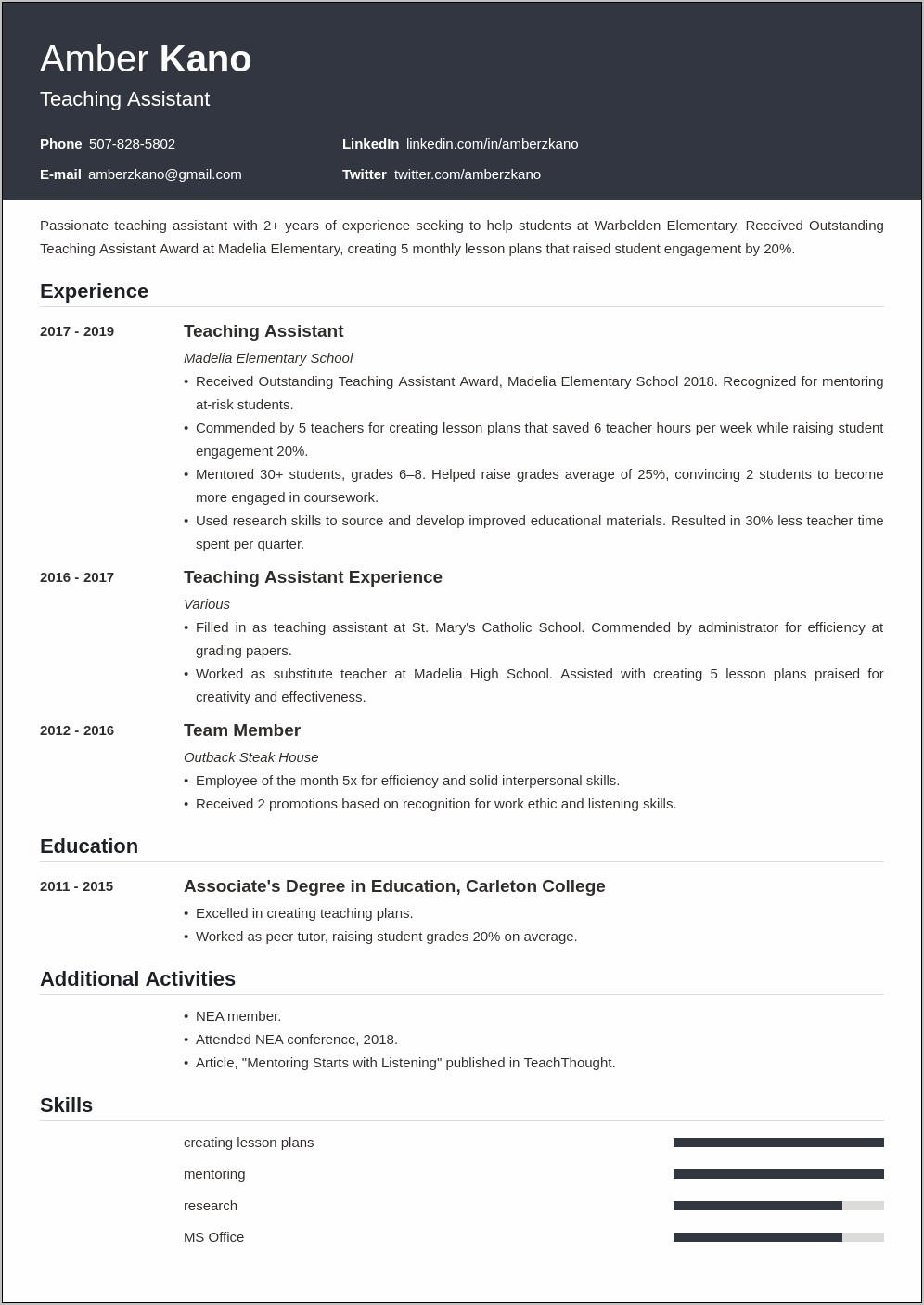Resume For Teacher Assistant Position With No Experience