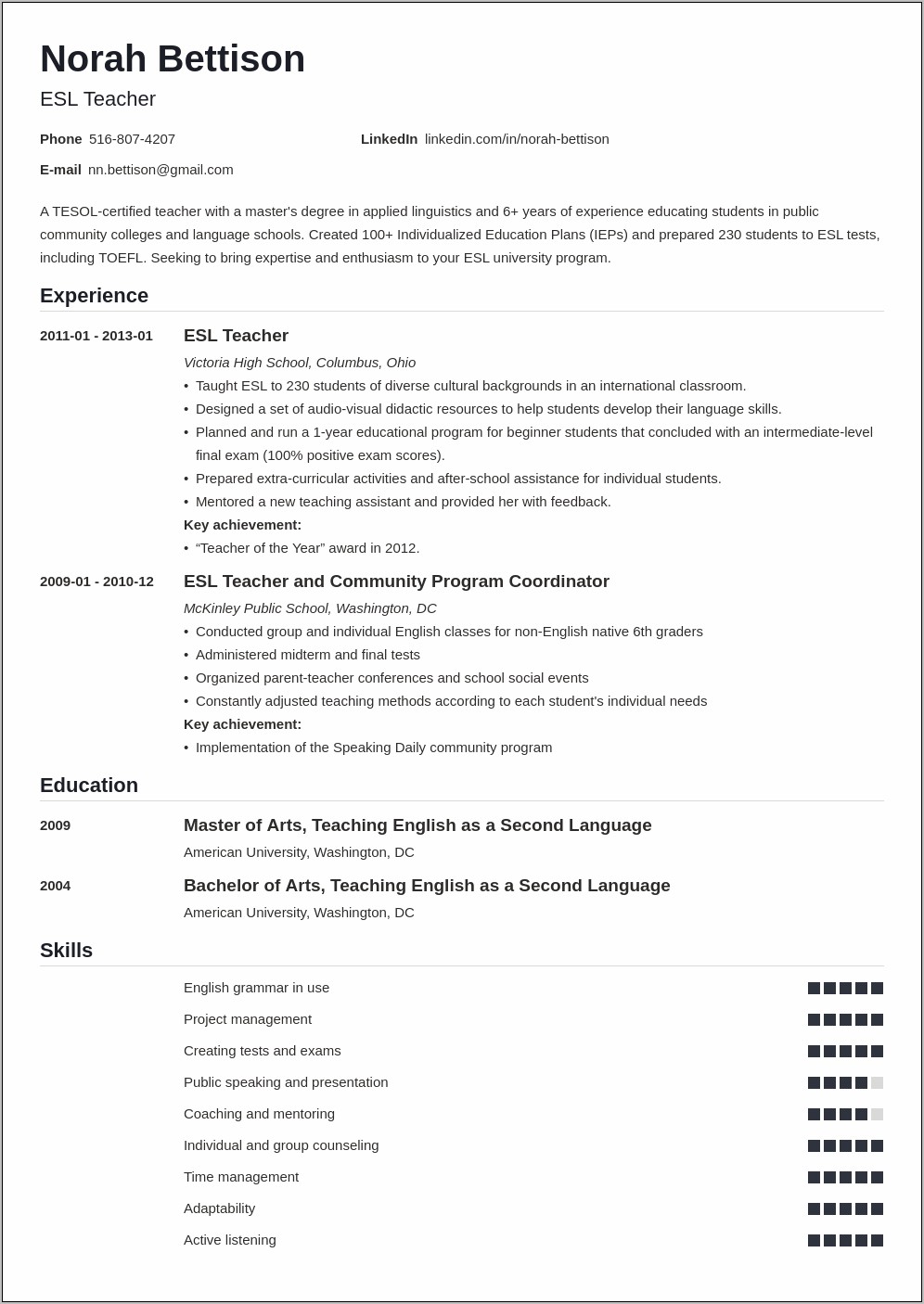Resume For Teaching English Out Of Country Experience