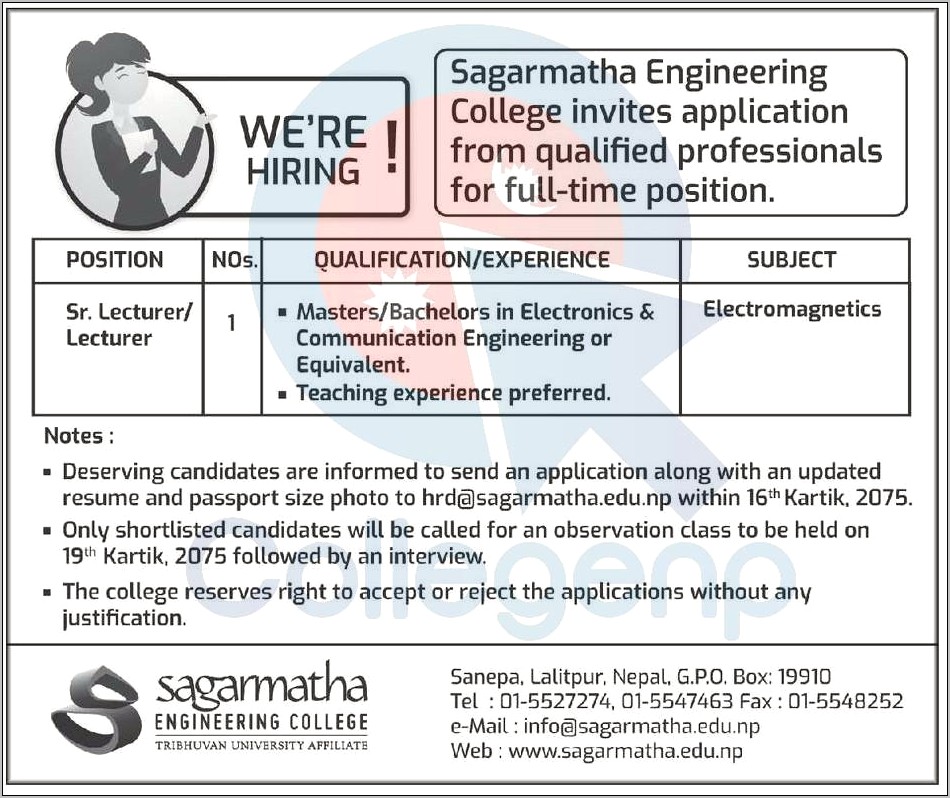 Resume For Teaching Job In Engineering College