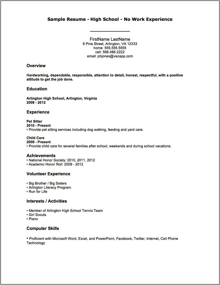 Resume For Teenager With No Work Experience Template