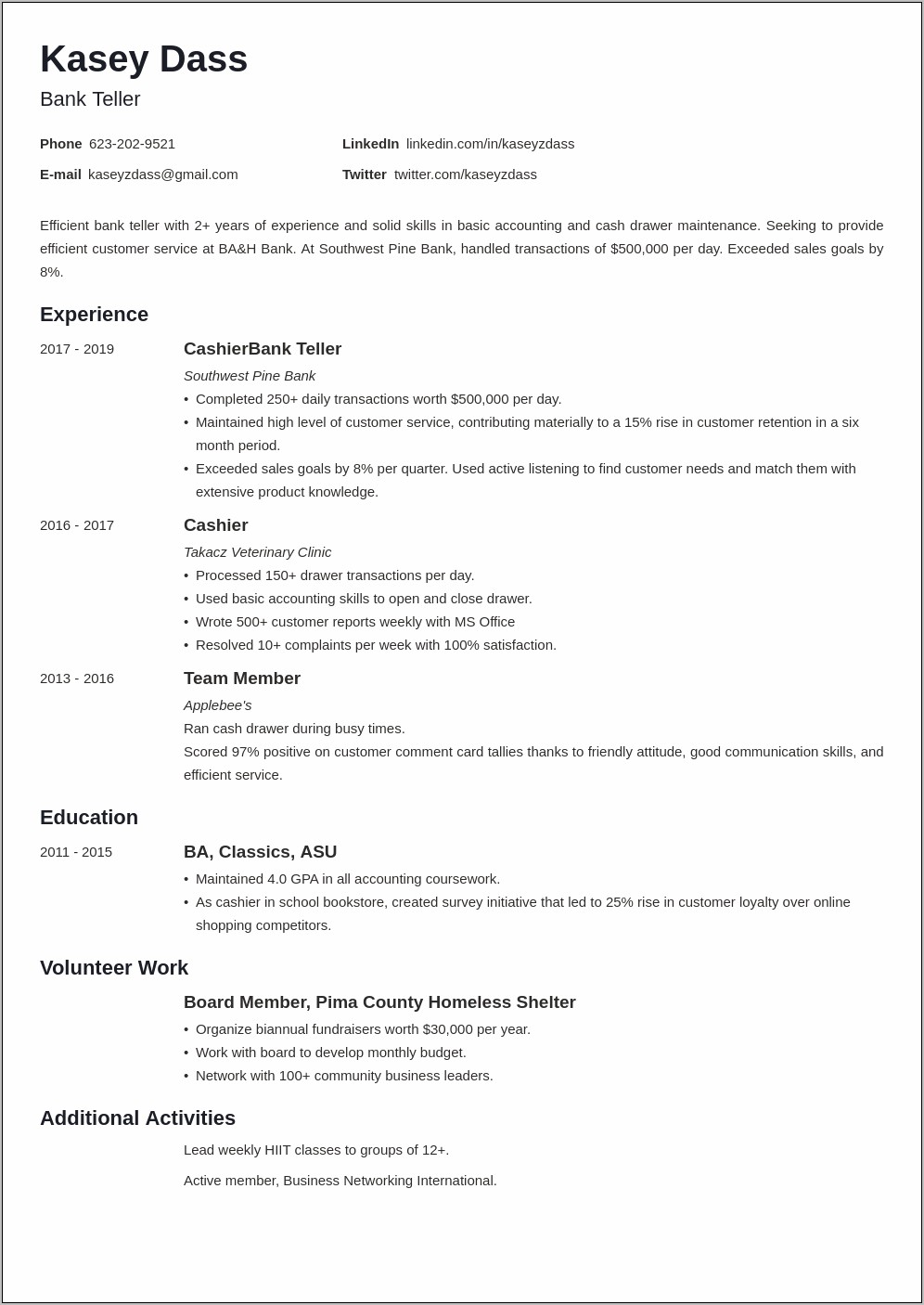 Resume For Teller Position No Experience Download