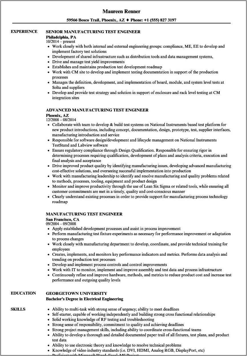 Resume For Testing Engineer Sample Resume