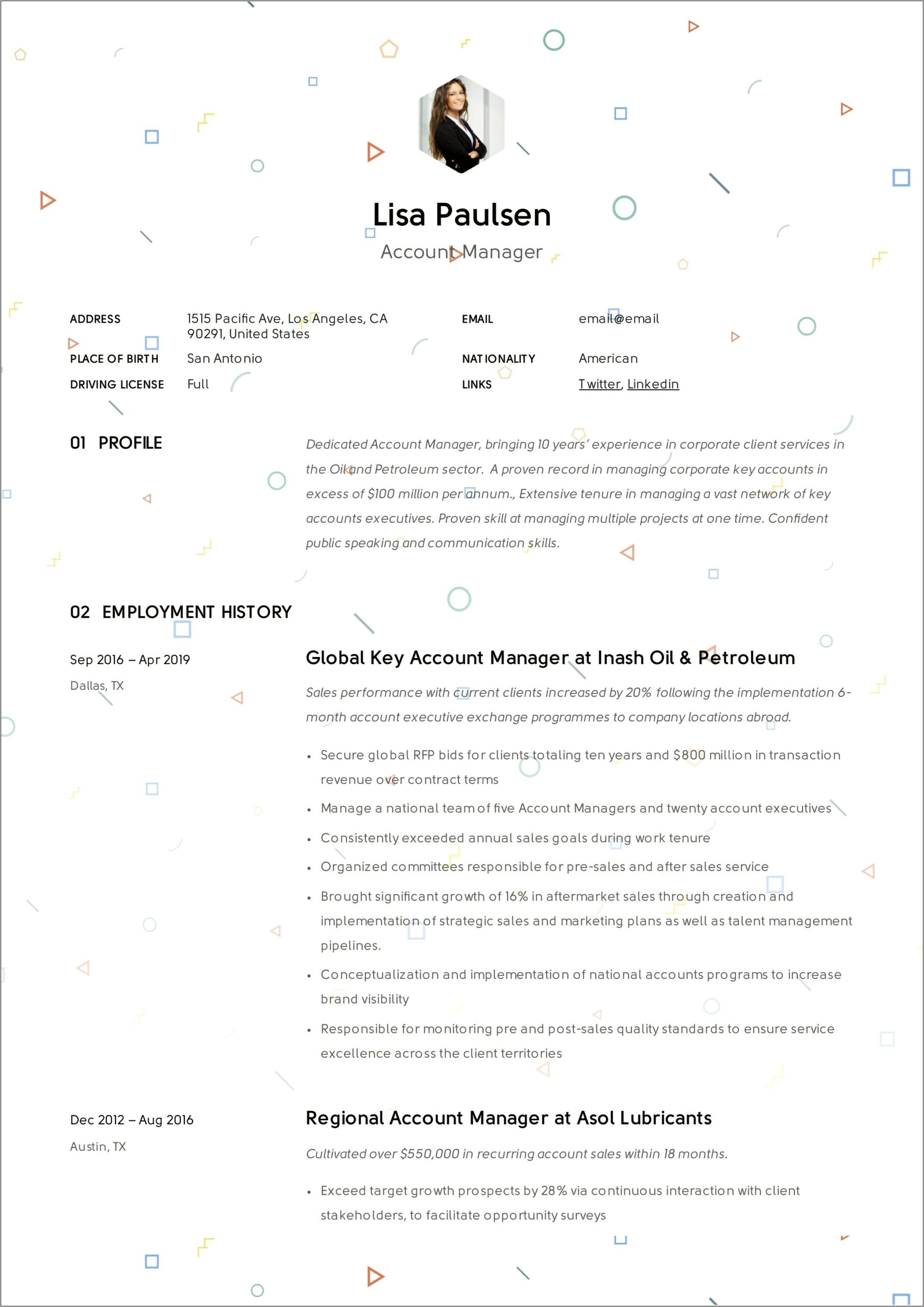 Resume For The Post Of An Account Manager