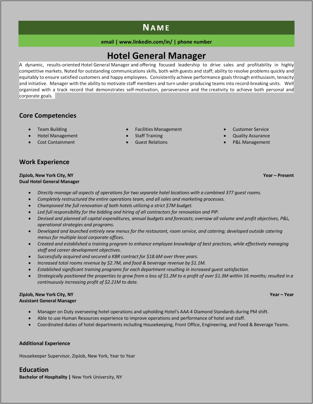 Resume For The Post Of Hotel Manager