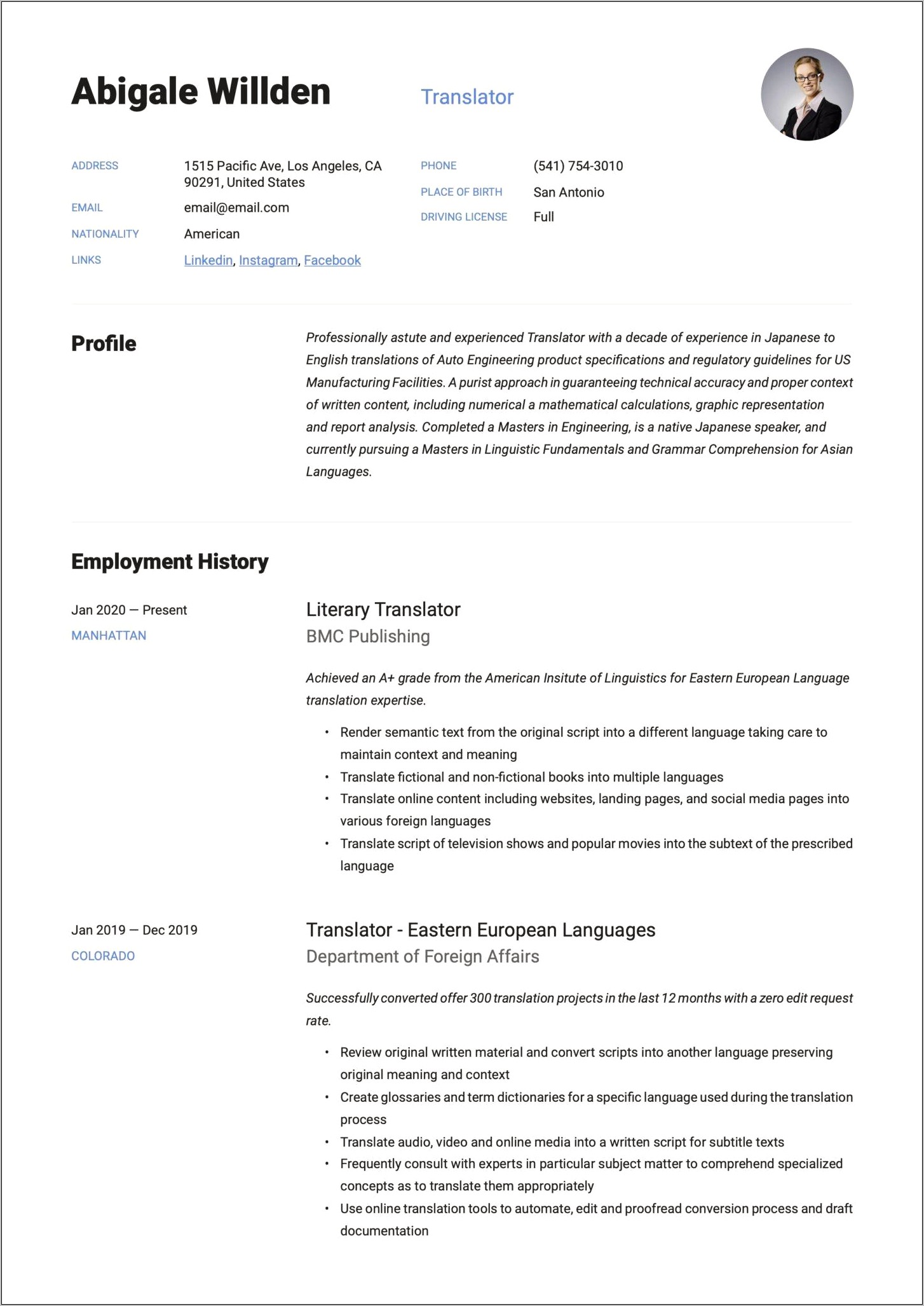 Resume For Translating And Interpreting Jobs
