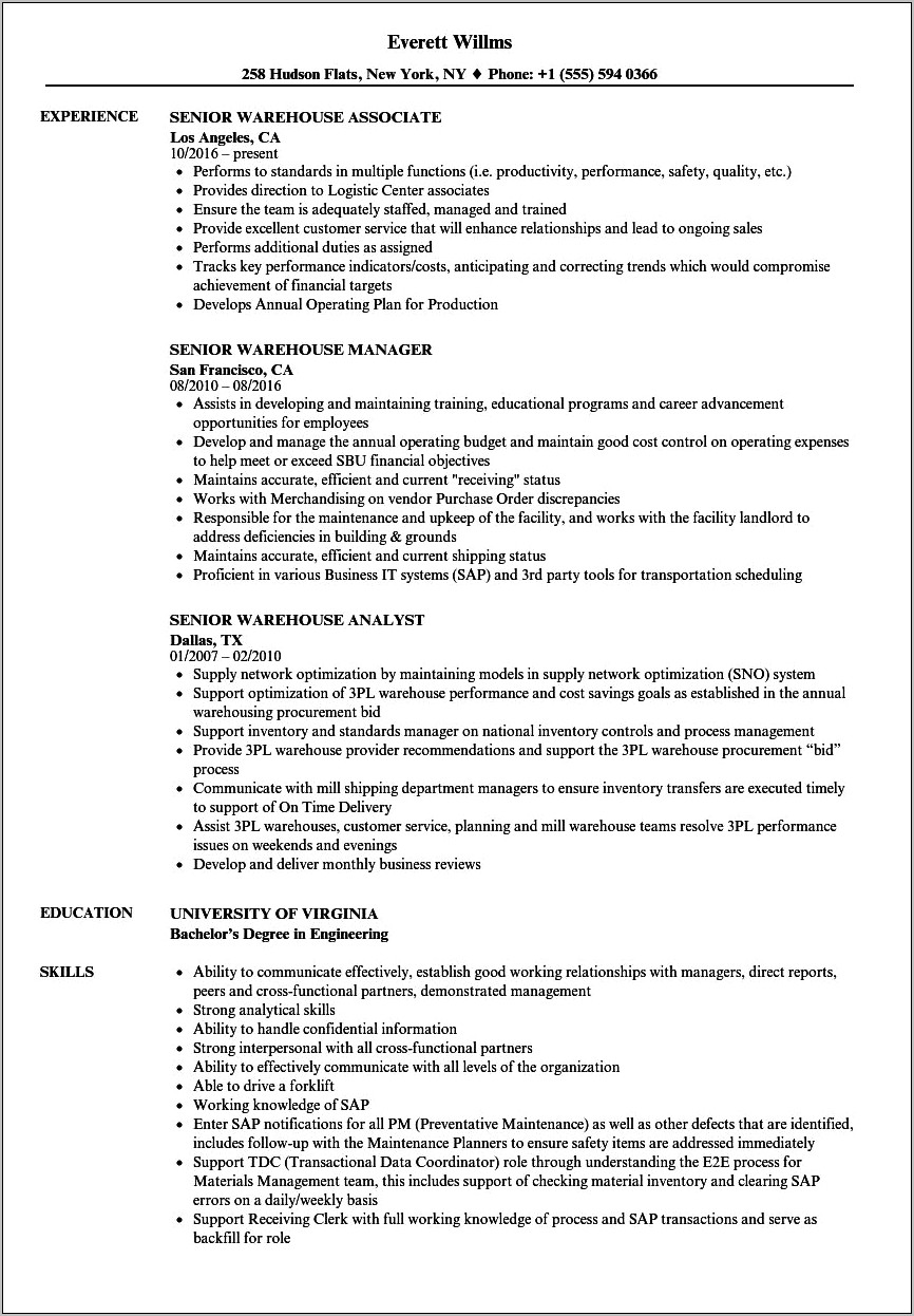 Resume For Warehouse Job Experience